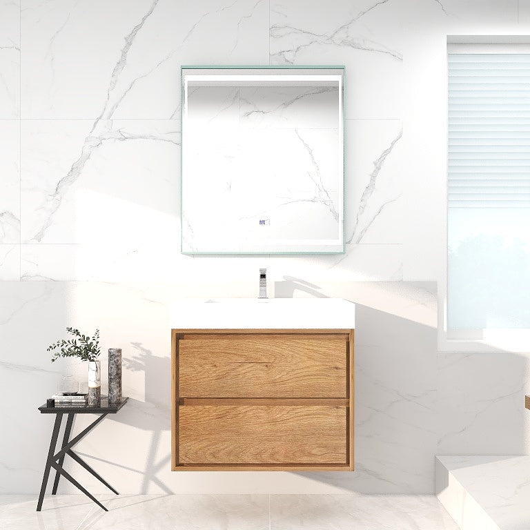 Saggia 30" Wall-Mounted Floating Bathroom Vanity with Reinforced Acrylic Sink in Teak Oak | Better Vanity Modern Luxury Bathroom Vanities
