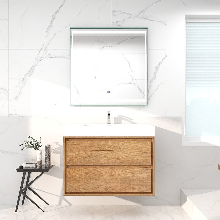 Saggia 36" Wall-Mounted Floating Bathroom Vanity with Reinforced Acrylic Sink in Teak Oak | Better Vanity Modern Luxury Bathroom Vanities