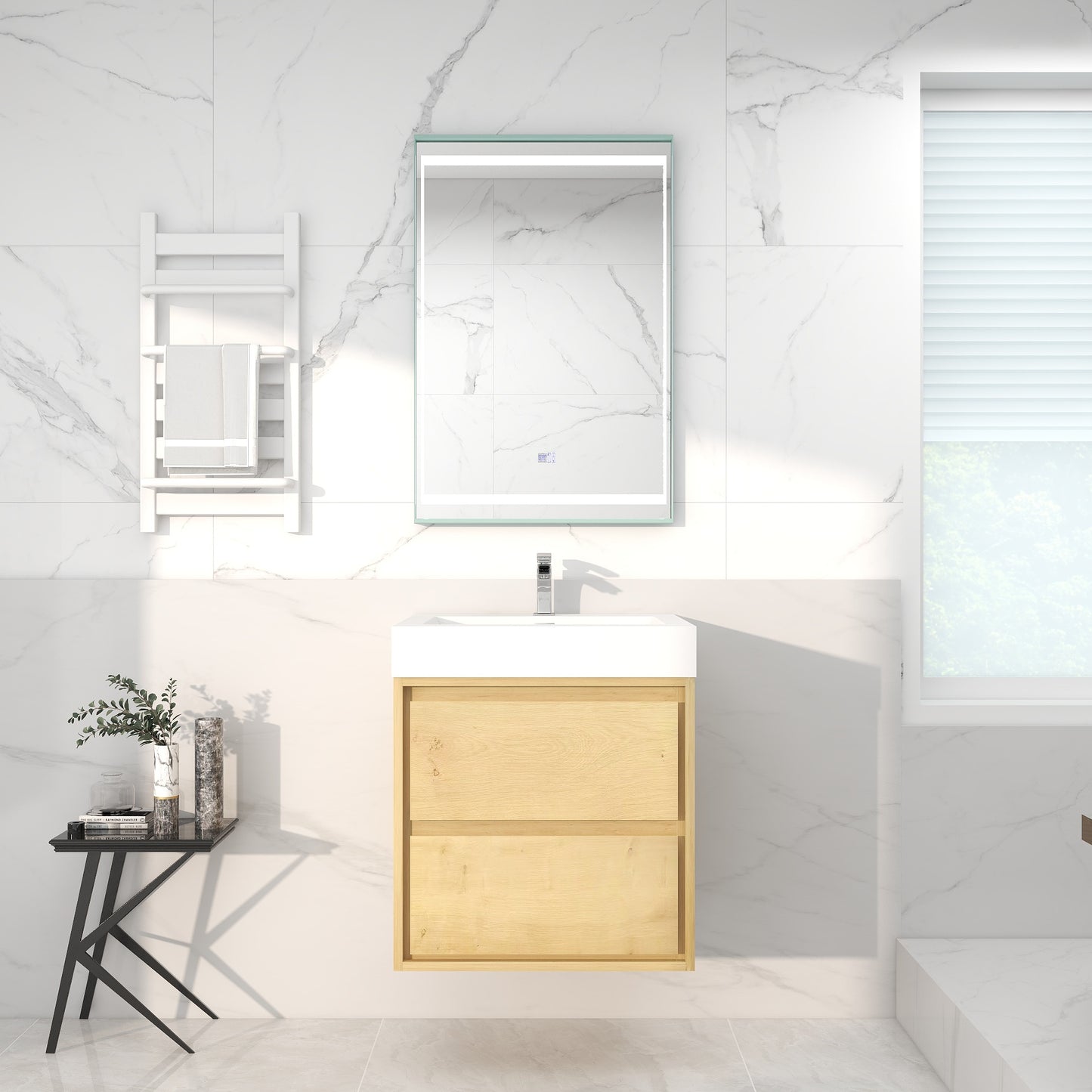 Saggia 24" Wall-Mounted Floating Bathroom Vanity with Reinforced Acrylic Double Sink in Light Oak | Better Vanity Modern Luxury Bathroom Vanities