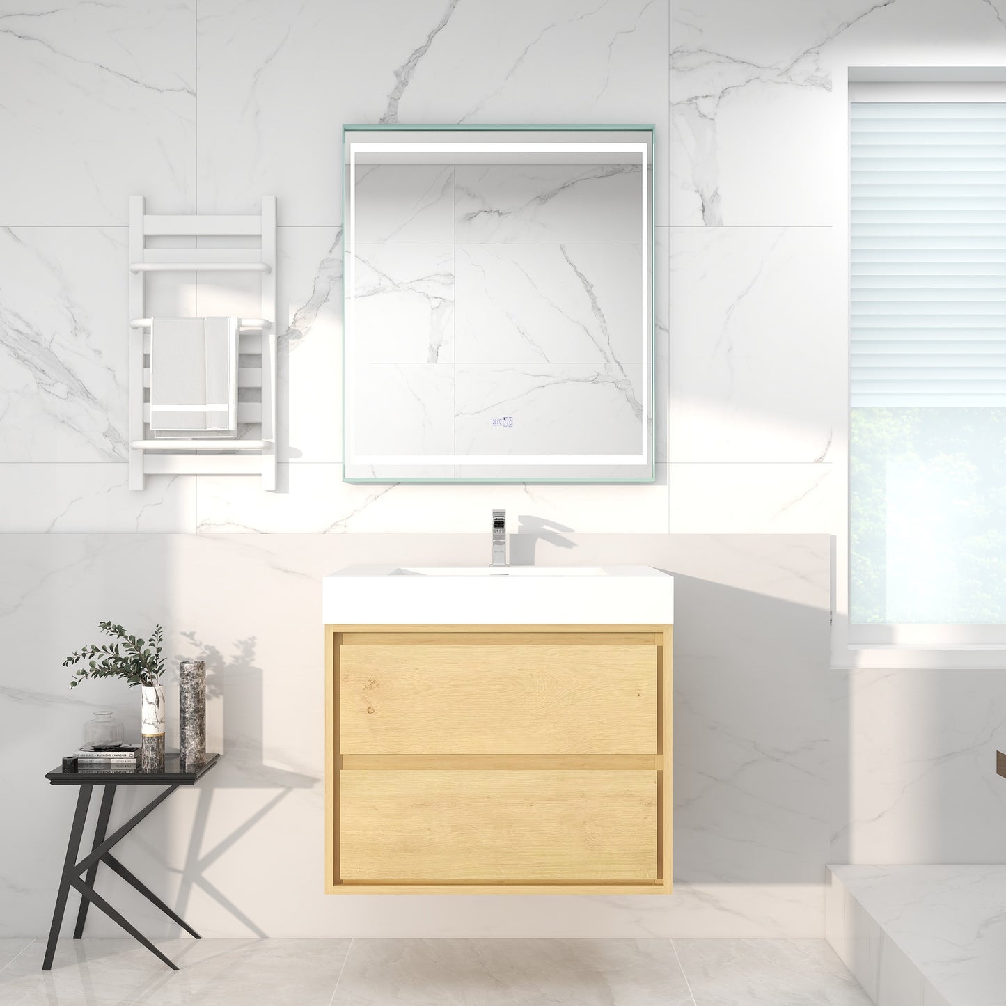 Saggia 30" Wall-Mounted Floating Bathroom Vanity with Reinforced Acrylic Double Sink in Light Oak | Better Vanity Modern Luxury Bathroom Vanities