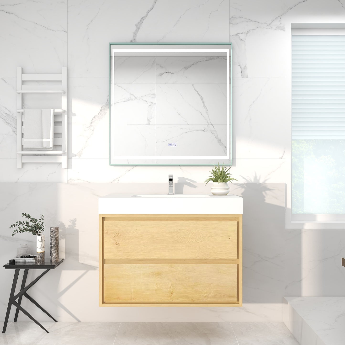 Saggia 36" Wall-Mounted Floating Bathroom Vanity with Reinforced Acrylic Double Sink in Light Oak | Better Vanity Modern Luxury Bathroom Vanities