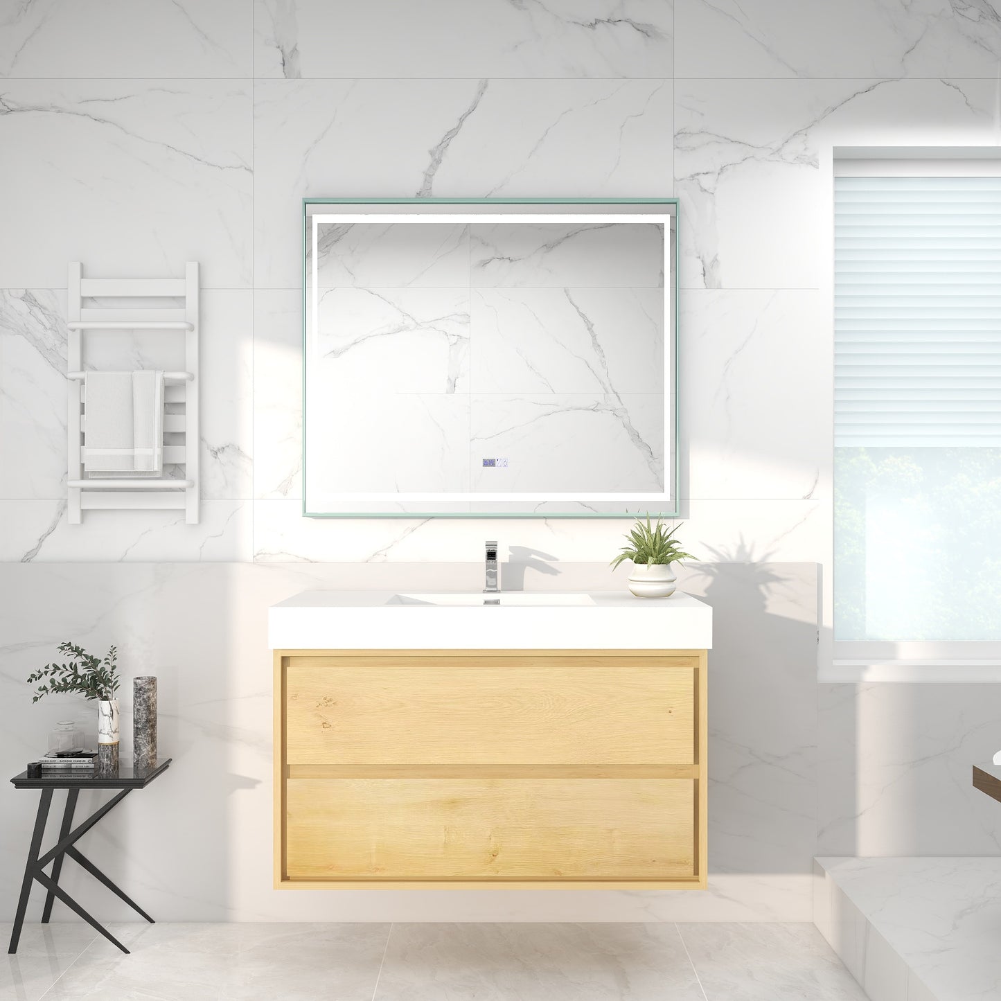 Saggia 42" Wall-Mounted Floating Bathroom Vanity with Reinforced Acrylic Double Sink in Light Oak | Better Vanity Modern Luxury Bathroom Vanities