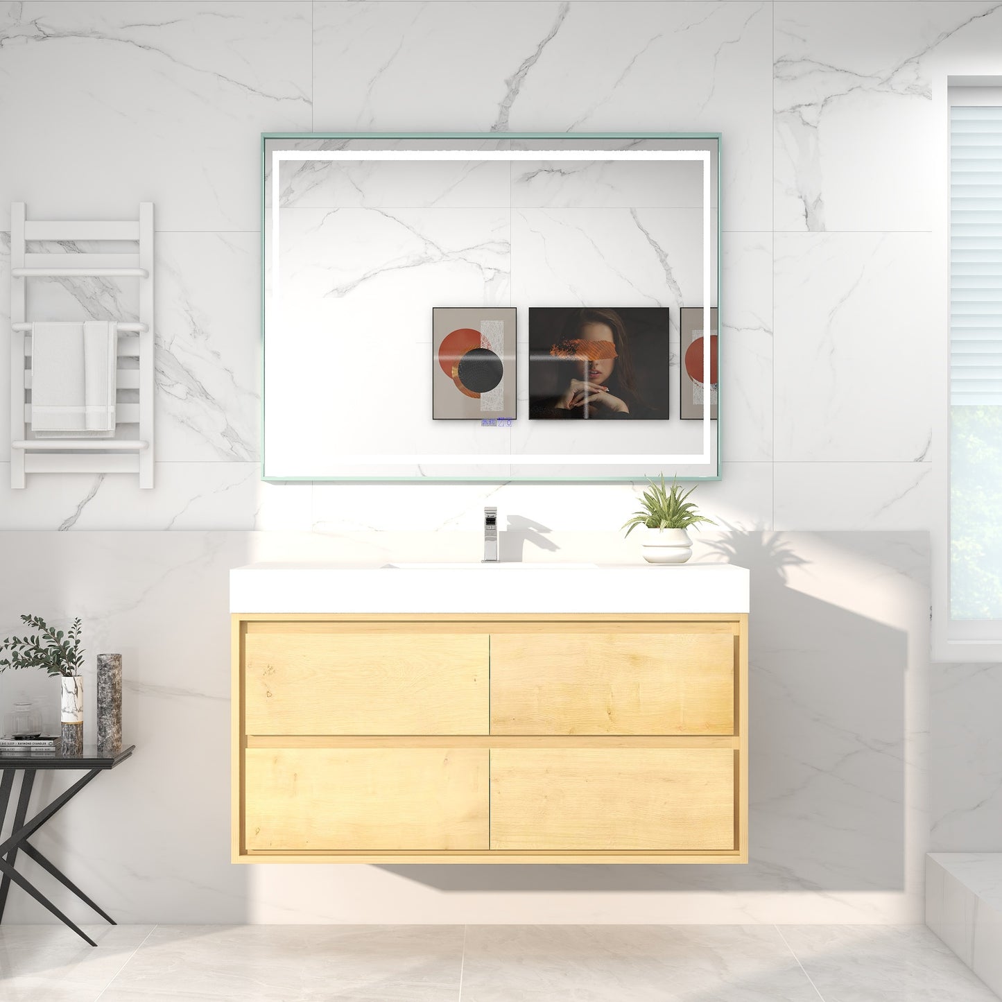 Saggia 48" Wall-Mounted Floating Bathroom Vanity with Reinforced Acrylic Double Sink in Light Oak | Better Vanity Modern Luxury Bathroom Vanities