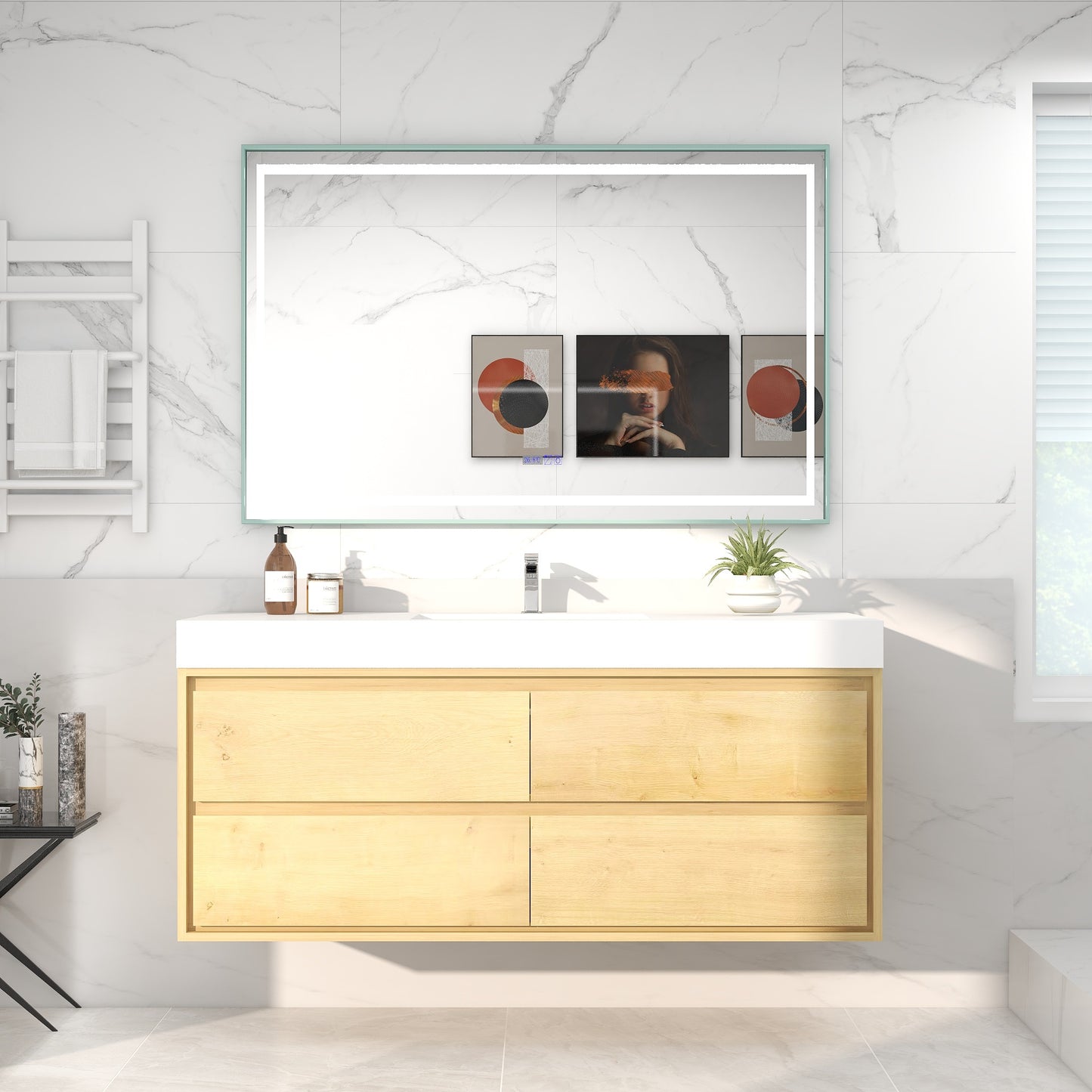 Saggia 60" Wall-Mounted Floating Bathroom Vanity with Reinforced Acrylic Double Sink in Light Oak | Better Vanity Modern Luxury Bathroom Vanities
