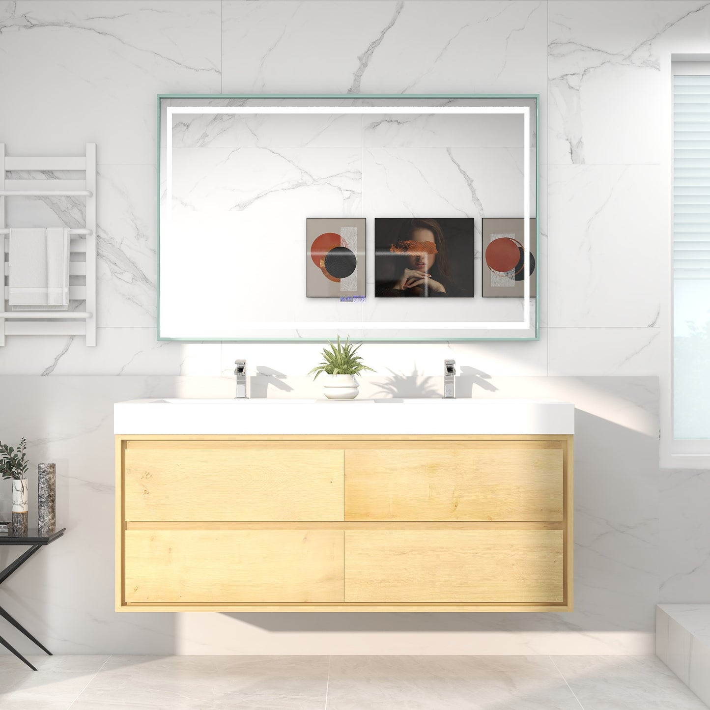 Saggia 60" Wall-Mounted Floating Bathroom Vanity with Reinforced Acrylic Double Sink in Light Oak | Better Vanity Modern Luxury Bathroom Vanities