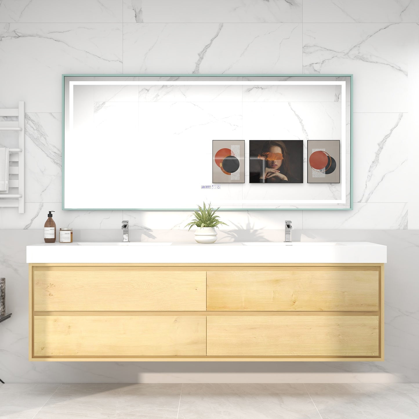 Saggia 84" Wall-Mounted Floating Bathroom Vanity with Reinforced Acrylic Double Sink in Light Oak | Better Vanity Modern Luxury Bathroom Vanities