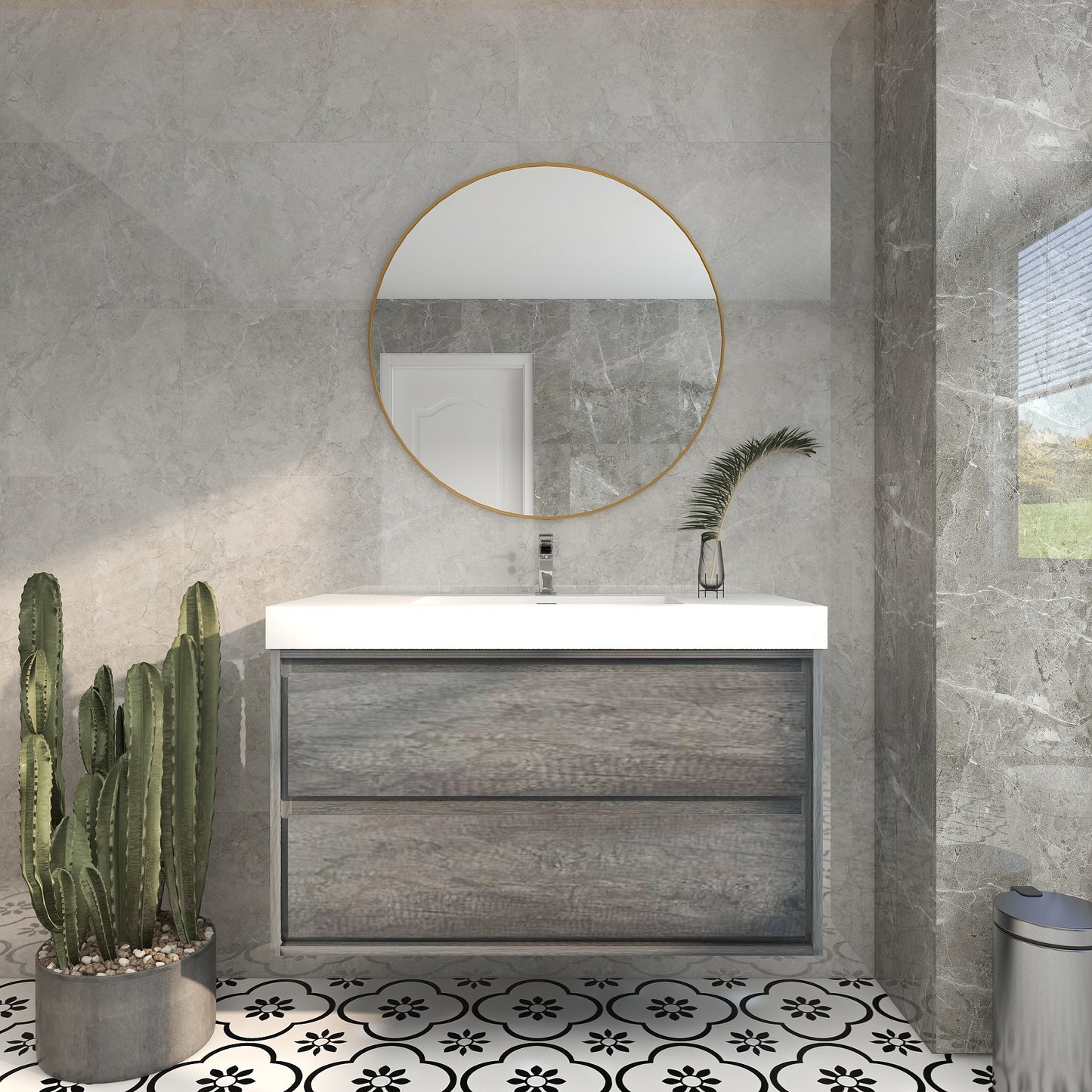 Saggia 42" Wall-Mounted Floating Bathroom Vanity with Reinforced Acrylic Sink in Smoke Oak | Better Vanity Modern Luxury Bathroom Vanities