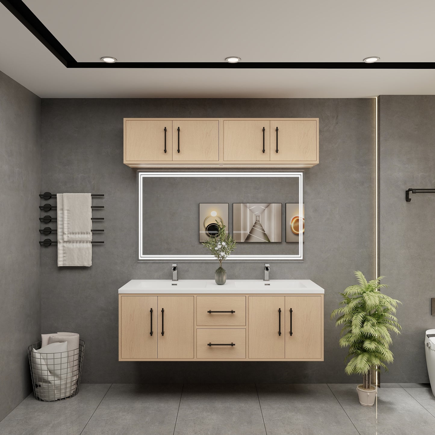 Victoria 60" Solid Wood Floating Bathroom Vanity in Yellow Oak, Double Sink Vanity | Better Vanity Solid Wood Floating Vanities