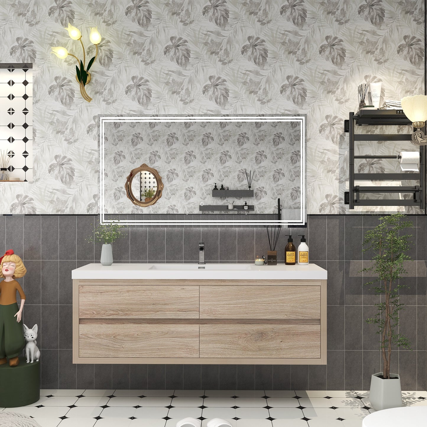 Louis 60" Solid Wood Floating Bathroom Vanity with Single Sink in White Oak | Better Vanity Solid Wood Floating Vanities