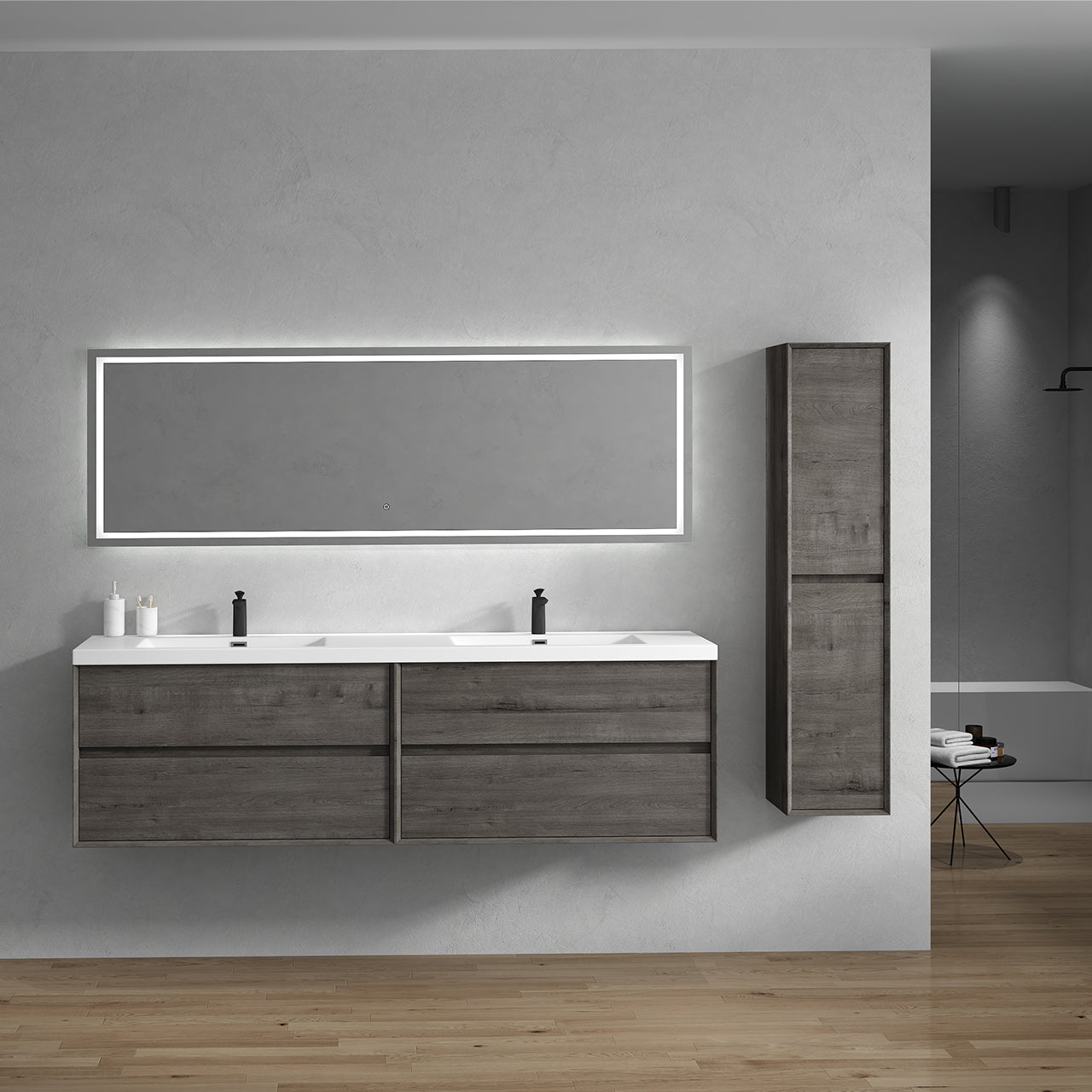 Kingdee 84" Smoke Oak Wall Mounted Vanity with Reinforced Acrylic Sinks