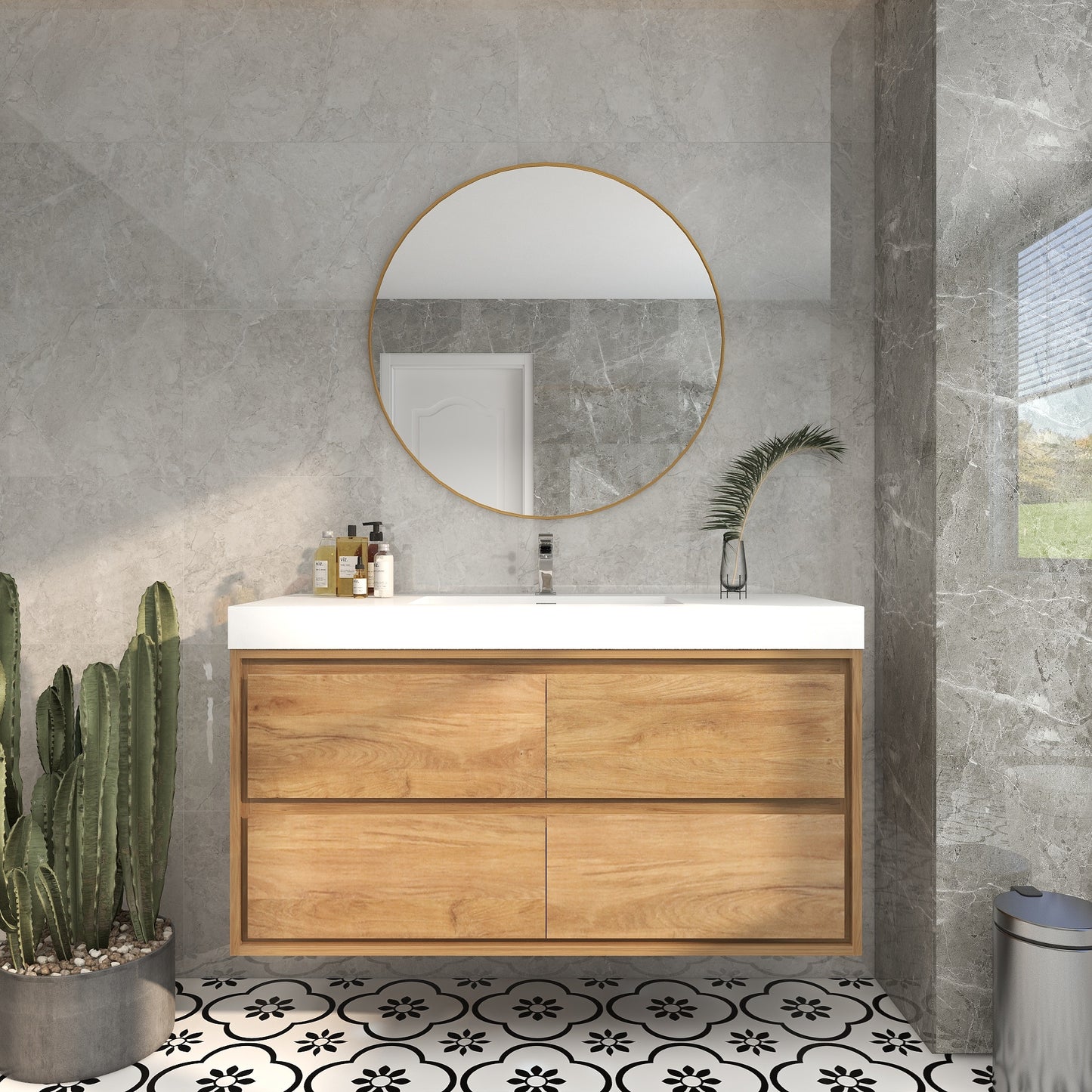 Saggia 48" Wall-Mounted Floating Bathroom Vanity with Reinforced Acrylic Sink in White Oak | Better Vanity Modern Luxury Bathroom Vanities