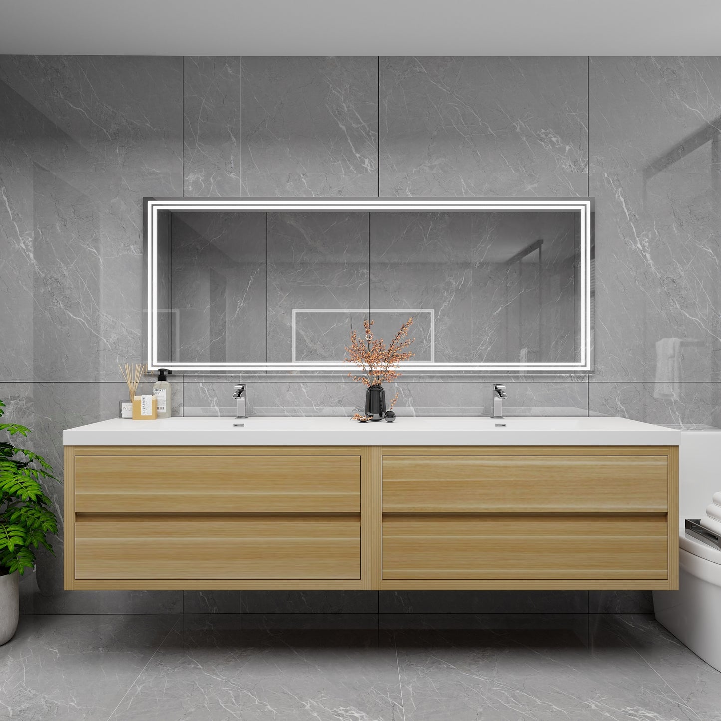 Louis 84" Solid Wood Floating Bathroom Vanity with Double Sink in Light Oak | Better Vanity Solid Wood Floating Vanities