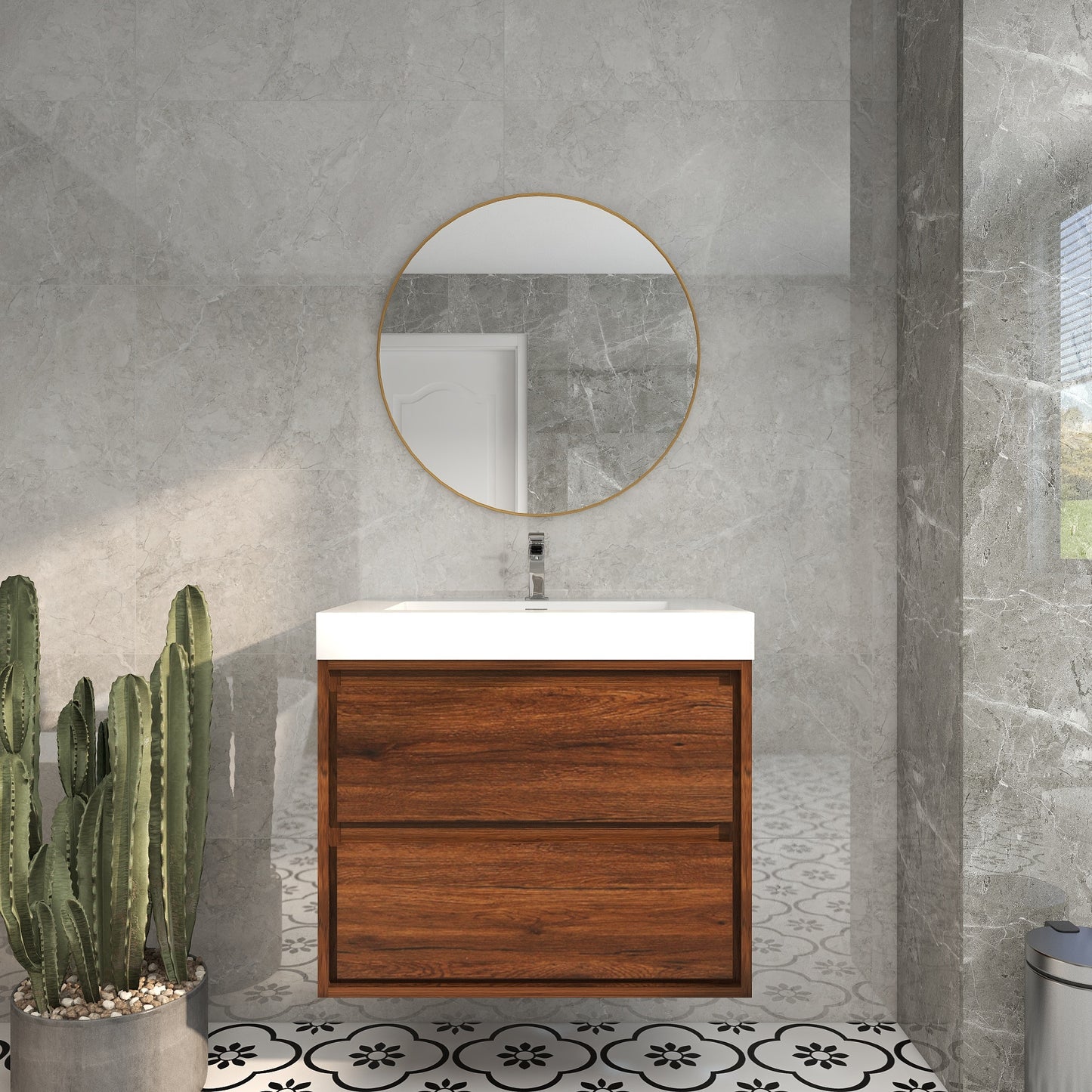 Saggia 30" Wall-Mounted Floating Bathroom Vanity with Reinforced Acrylic Sink in Rosewood | Better Vanity Modern Luxury Bathroom Vanities