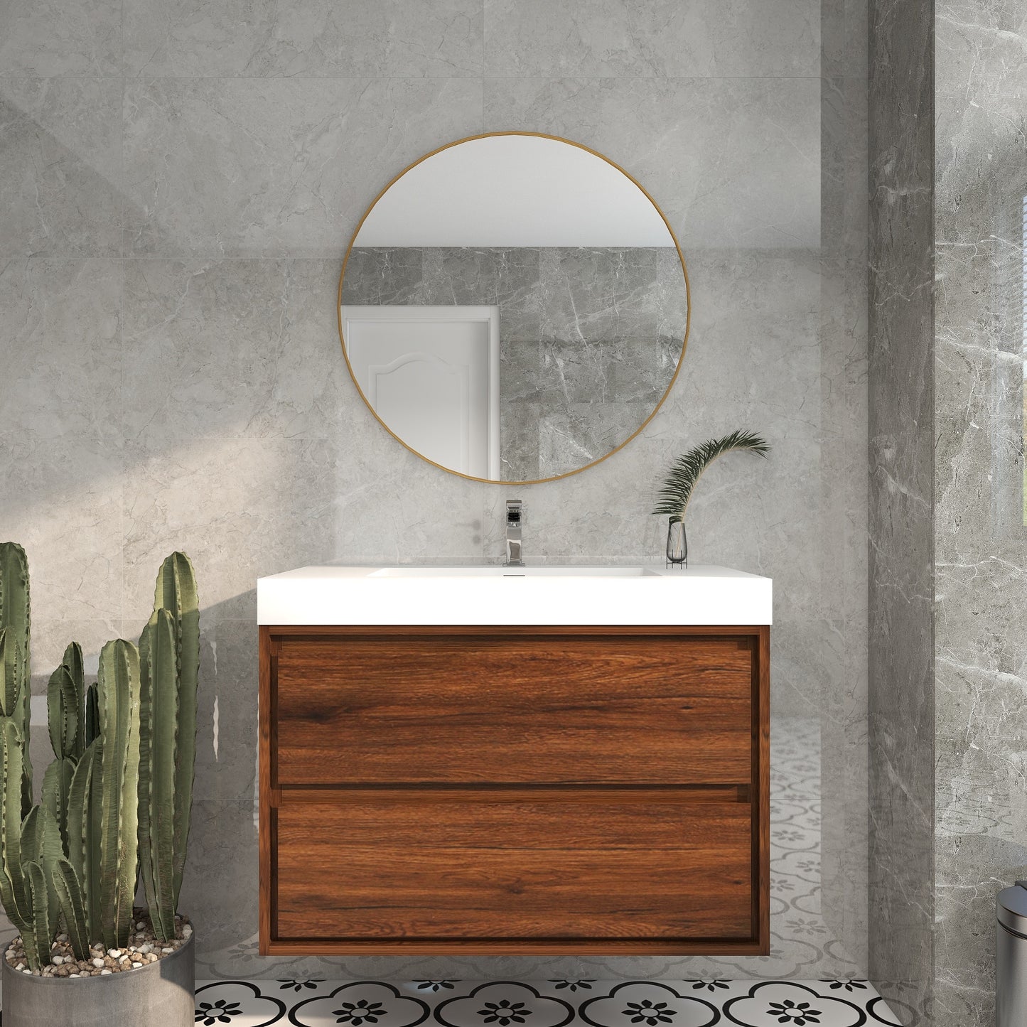Saggia 36" Wall-Mounted Floating Bathroom Vanity with Reinforced Acrylic Sink in Rosewood | Better Vanity Modern Luxury Bathroom Vanities
