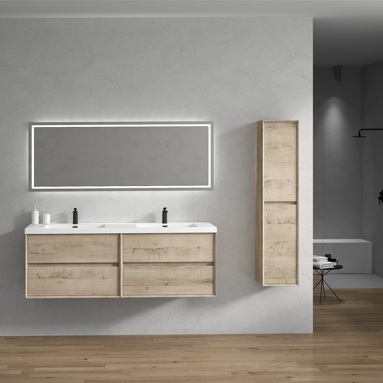 Kingdee 72" Light  Oak Wall Mounted Vanity with Reinforced Acrylic Sinks