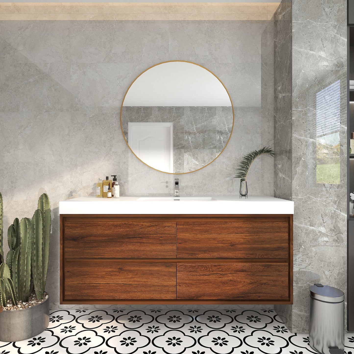 Saggia 60" Wall-Mounted Floating Bathroom Vanity with Reinforced Acrylic Sink in Rosewood | Better Vanity Modern Luxury Bathroom Vanities