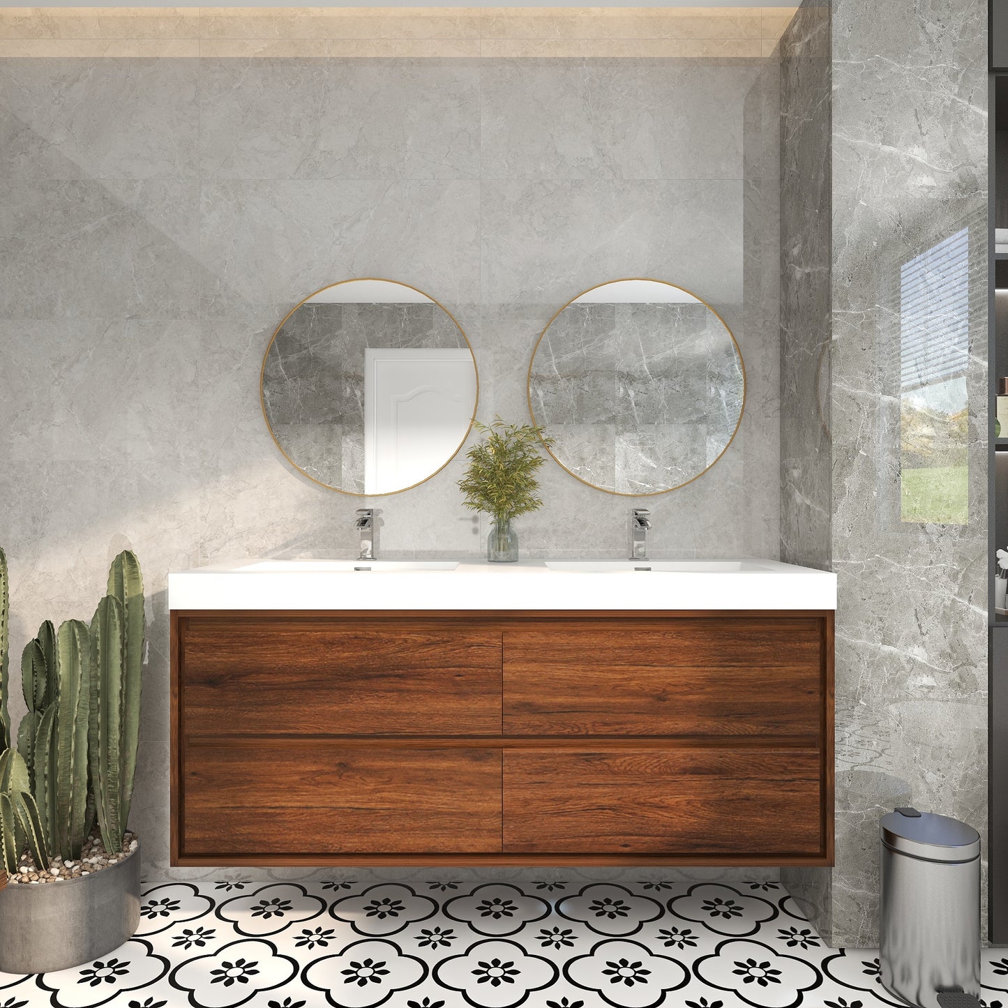 Saggia 60" Wall-Mounted Floating Bathroom Vanity with Reinforced Acrylic Double Sink in Rosewood | Better Vanity Modern Luxury Bathroom Vanities
