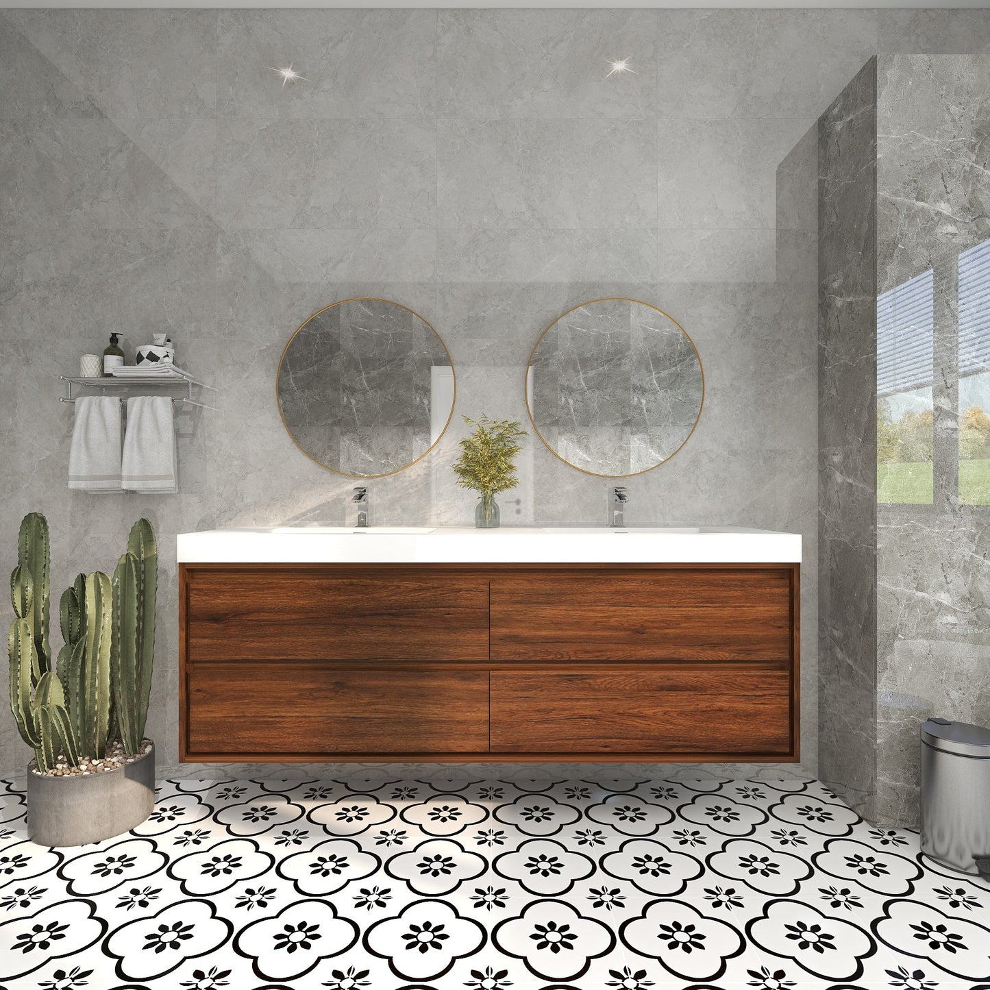 Saggia 72" Wall-Mounted Floating Bathroom Vanity with Reinforced Acrylic Double Sink in Rosewood | Better Vanity Modern Luxury Bathroom Vanities