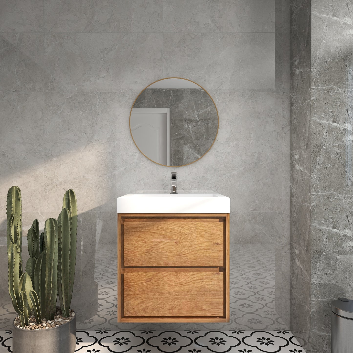 Saggia 24" Wall-Mounted Floating Bathroom Vanity with Reinforced Acrylic Sink in Teak Oak | Better Vanity Modern Luxury Bathroom Vanities