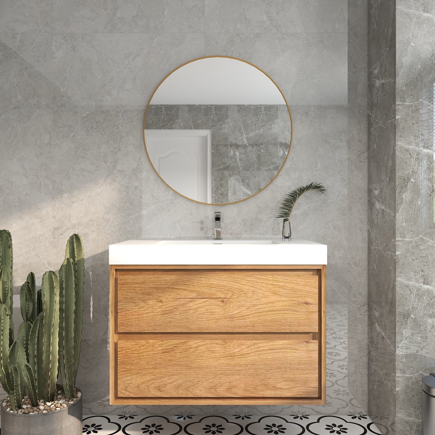 Saggia 36" Wall-Mounted Floating Bathroom Vanity with Reinforced Acrylic Sink in Teak Oak | Better Vanity Modern Luxury Bathroom Vanities