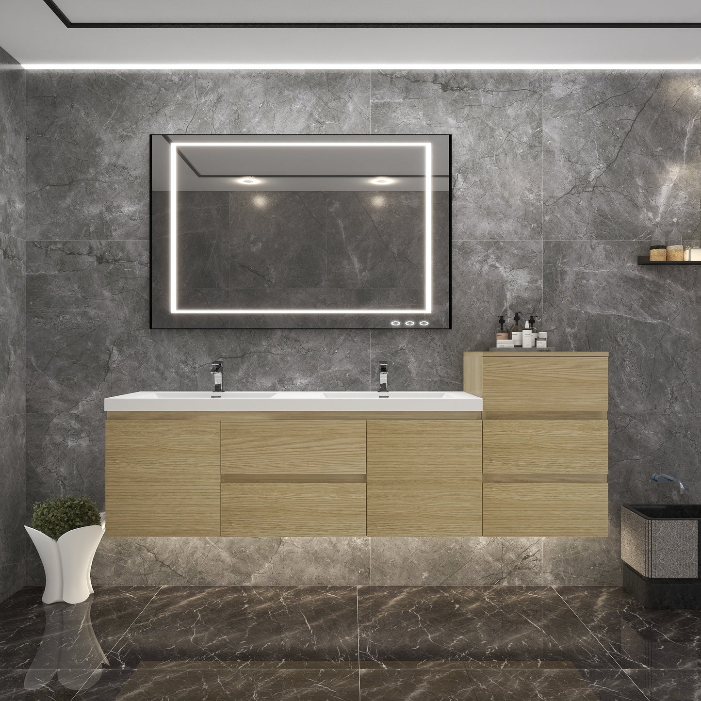 BOW 80" Double Sink Vanity in White Oak & BOW Matching Side Cabinet - Better Vanity