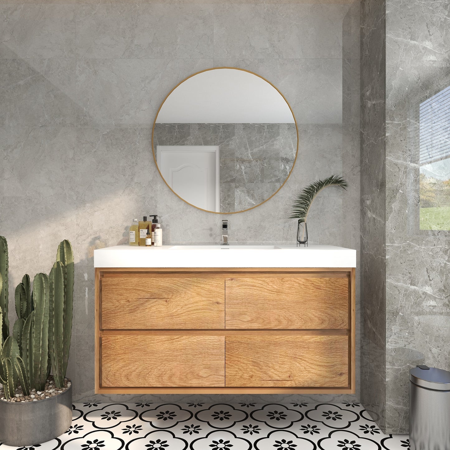 Saggia 48" Wall-Mounted Floating Bathroom Vanity with Reinforced Acrylic Sink in Teak Oak | Better Vanity Modern Luxury Bathroom Vanities