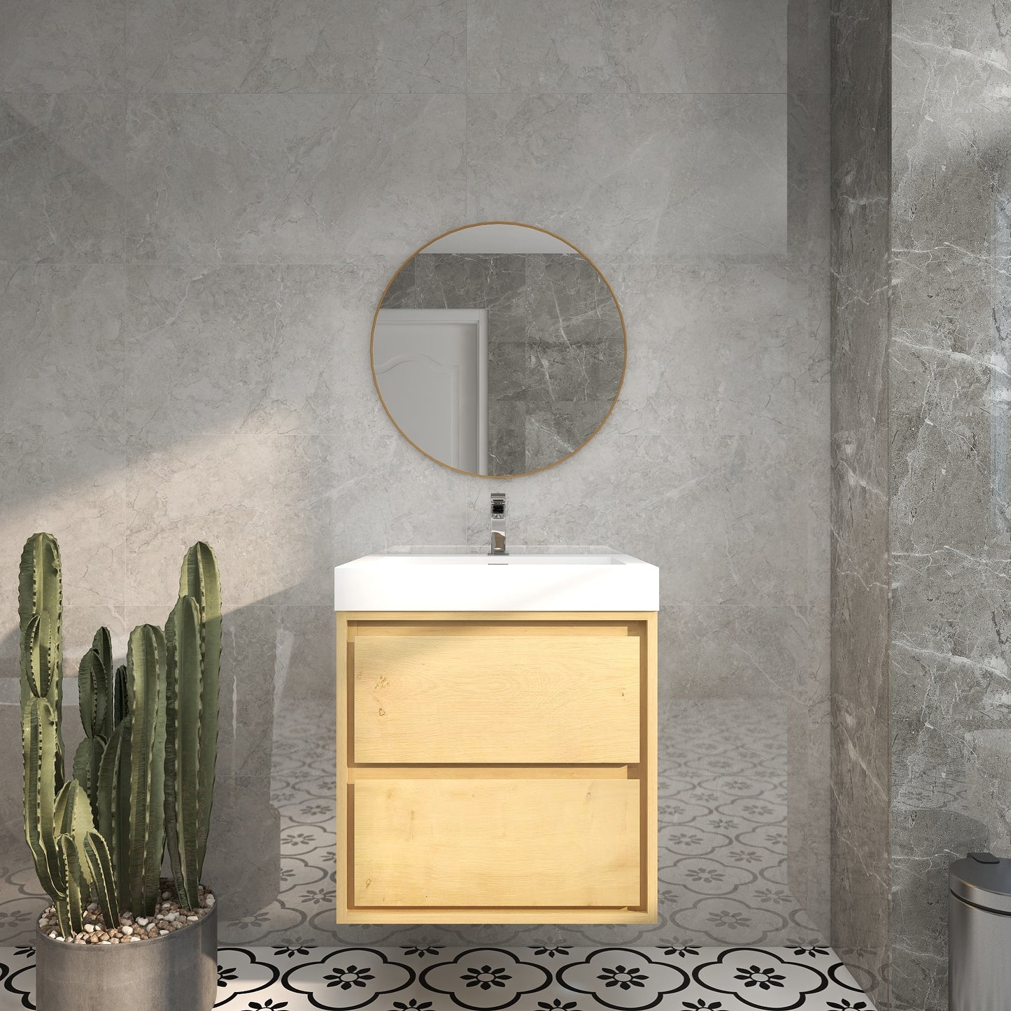 Saggia 24" Wall-Mounted Floating Bathroom Vanity with Reinforced Acrylic Sink in Light Oak | Better Vanity Modern Luxury Bathroom Vanities