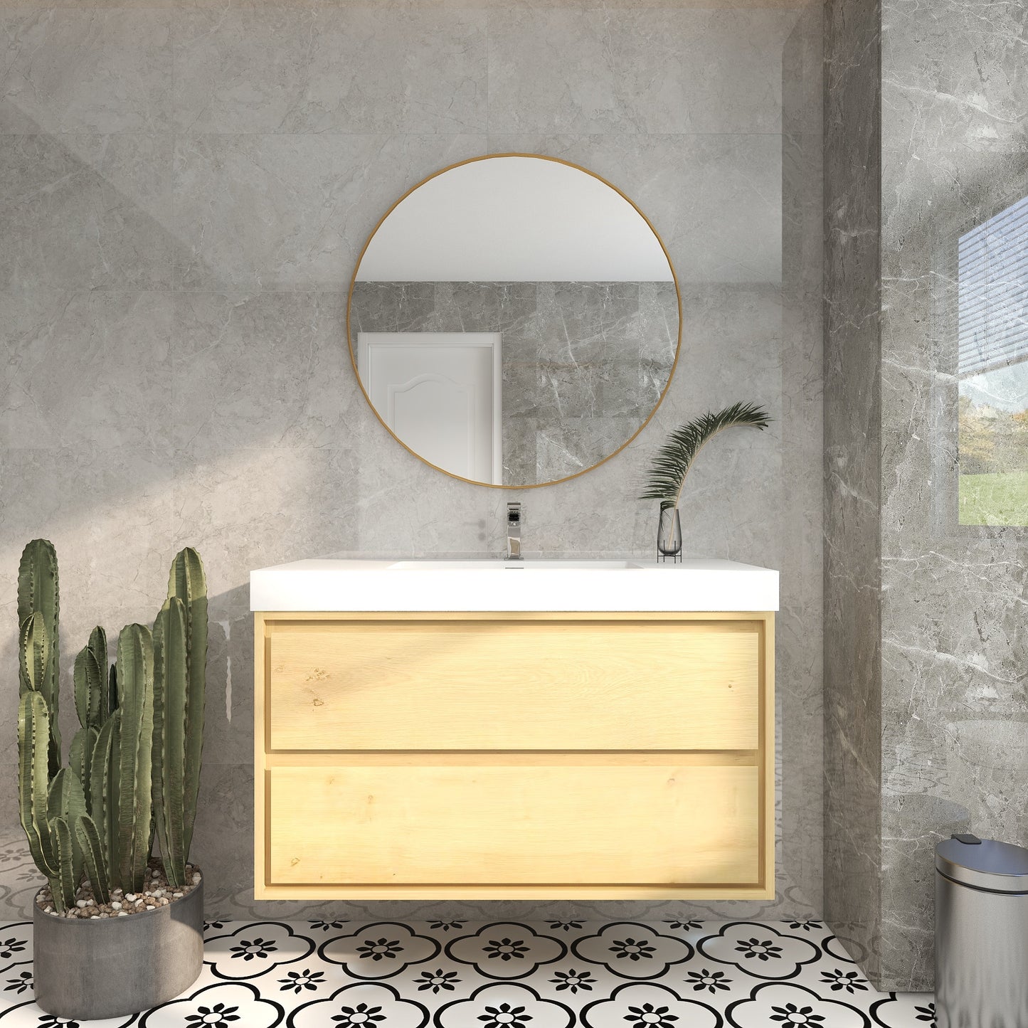 Saggia 42" Wall-Mounted Floating Bathroom Vanity with Reinforced Acrylic Sink in Light Oak | Better Vanity Modern Luxury Bathroom Vanities