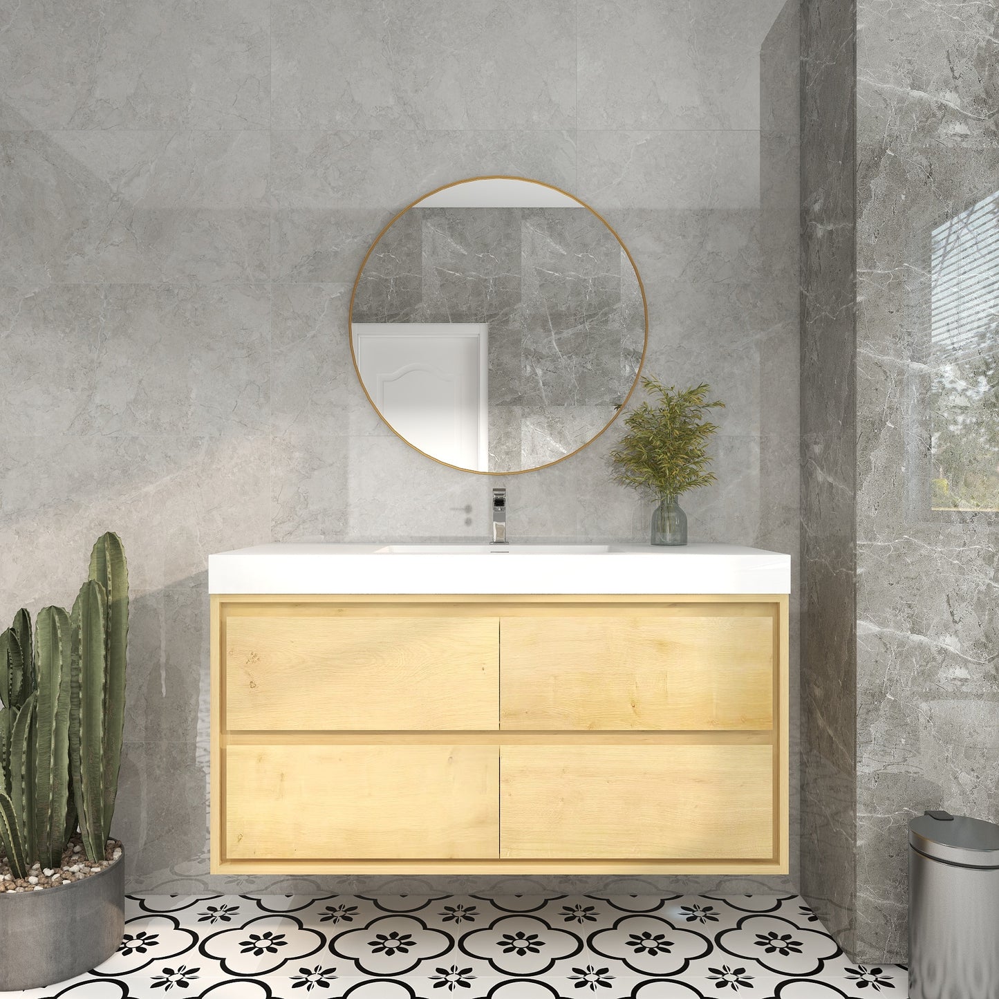 Saggia 48" Wall-Mounted Floating Bathroom Vanity with Reinforced Acrylic Sink in Light Oak | Better Vanity Modern Luxury Bathroom Vanities