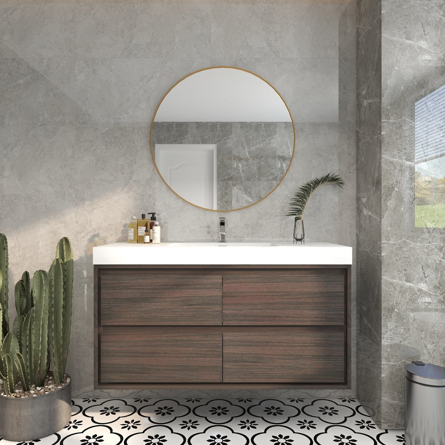 Saggia 48" Wall-Mounted Floating Bathroom Vanity with Reinforced Acrylic Sink in Dark Gray Oak | Better Vanity Modern Luxury Bathroom Vanities