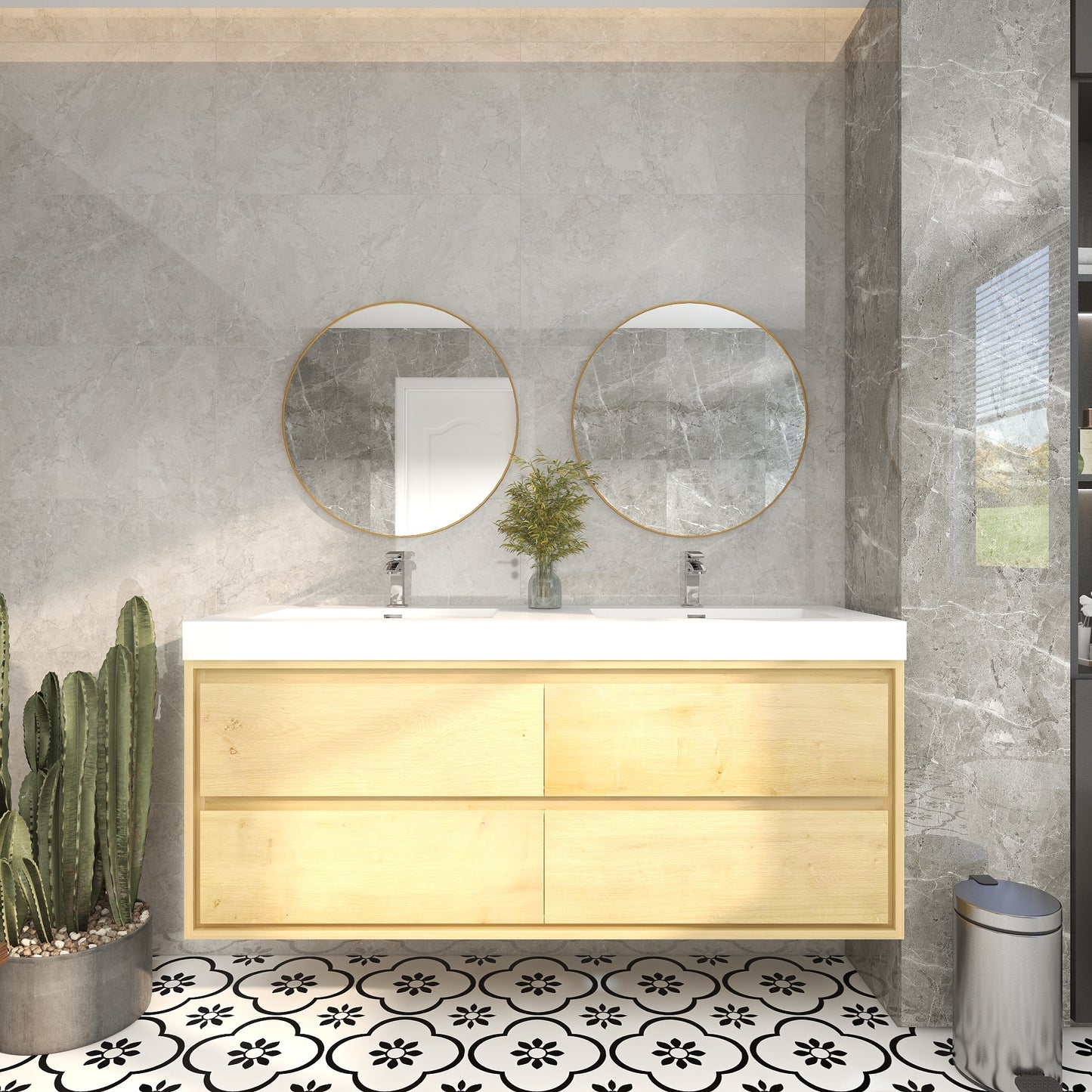 Saggia 60" Wall-Mounted Floating Bathroom Vanity with Reinforced Acrylic Double Sink in Light Oak | Better Vanity Modern Luxury Bathroom Vanities