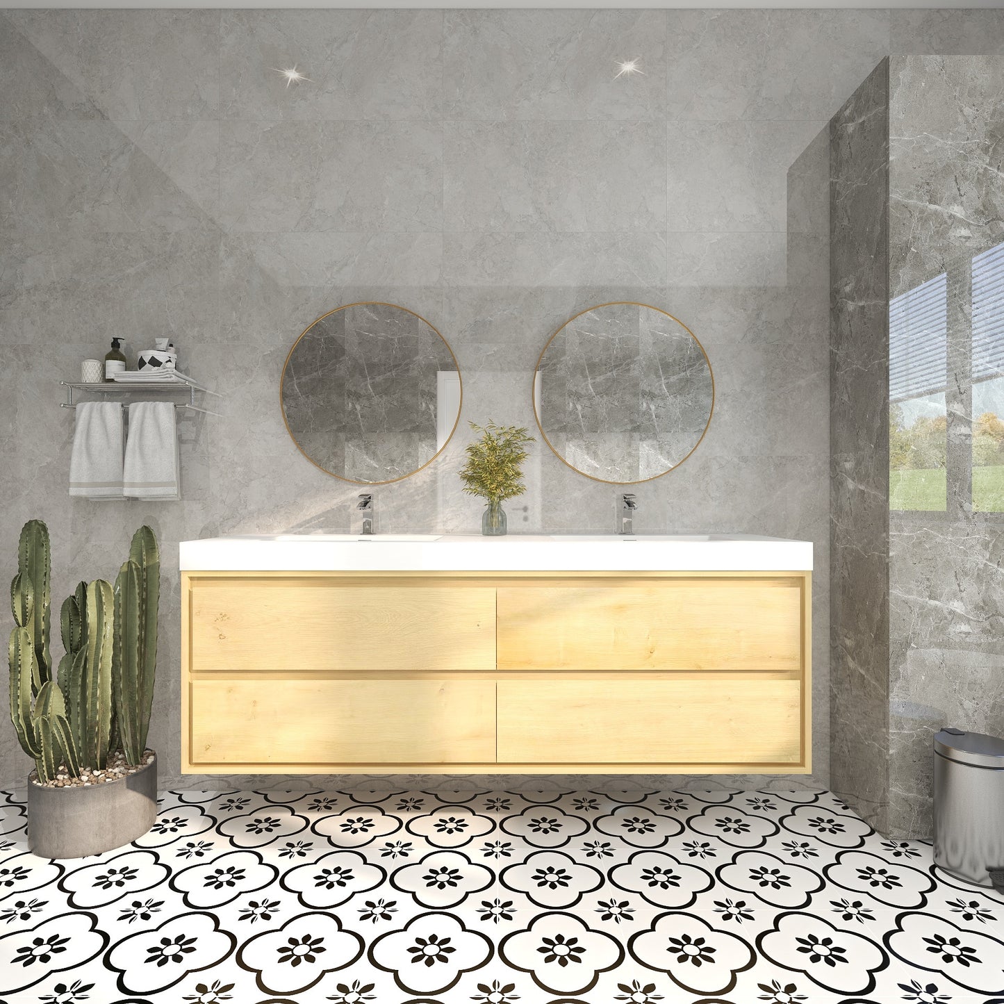 Saggia 72" Wall-Mounted Floating Bathroom Vanity with Reinforced Acrylic Double Sink in Light Oak | Better Vanity Modern Luxury Bathroom Vanities
