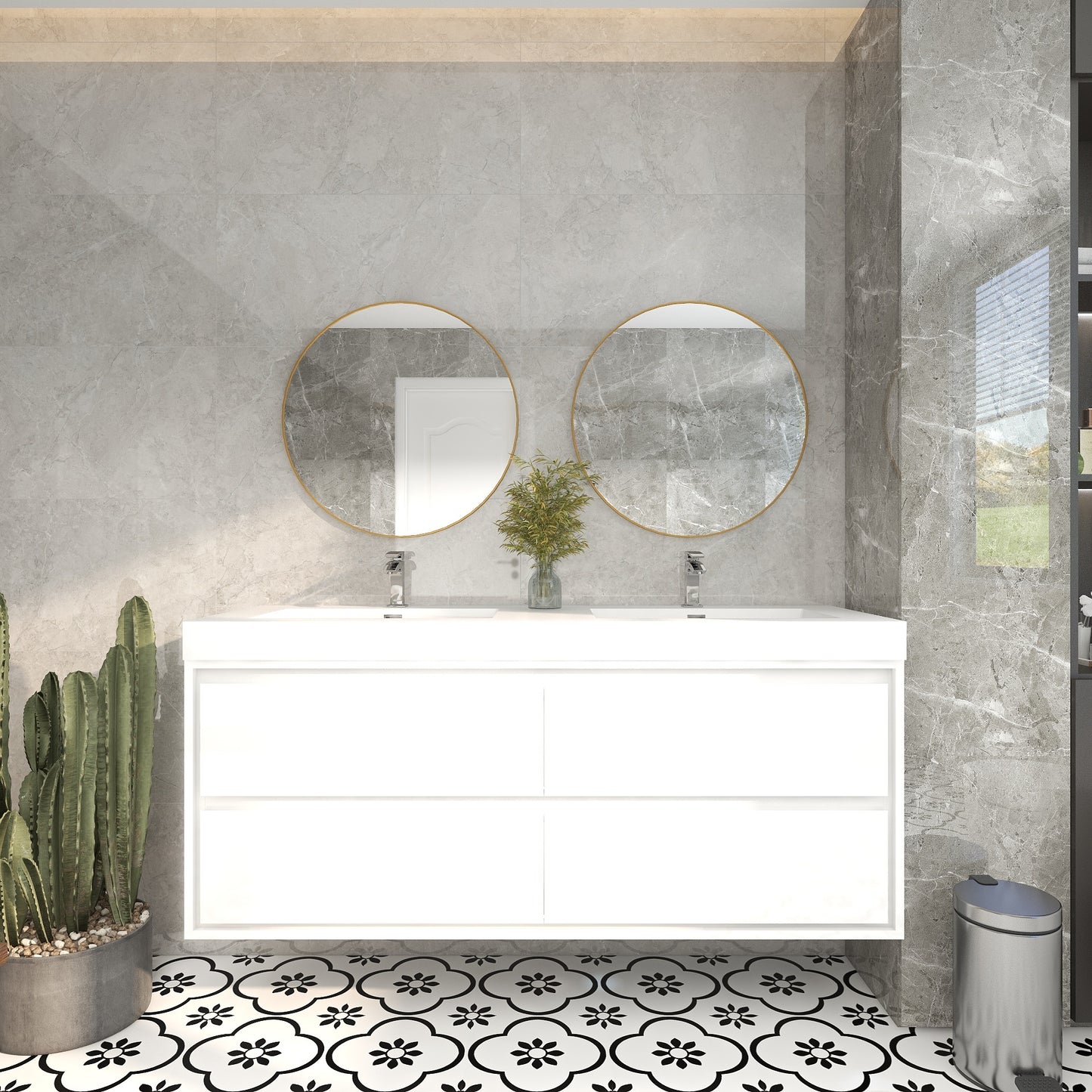 Saggia 60" Wall-Mounted Floating Bathroom Vanity with Reinforced Acrylic Double Sink in Gloss White | Better Vanity Modern Luxury Bathroom Vanities