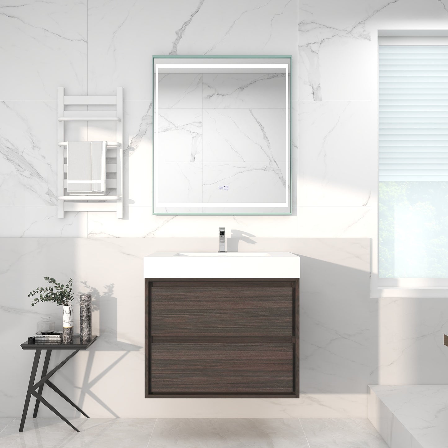 Saggia 30" Wall-Mounted Floating Bathroom Vanity with Reinforced Acrylic Sink in Dark Gray Oak | Better Vanity Modern Luxury Bathroom Vanities