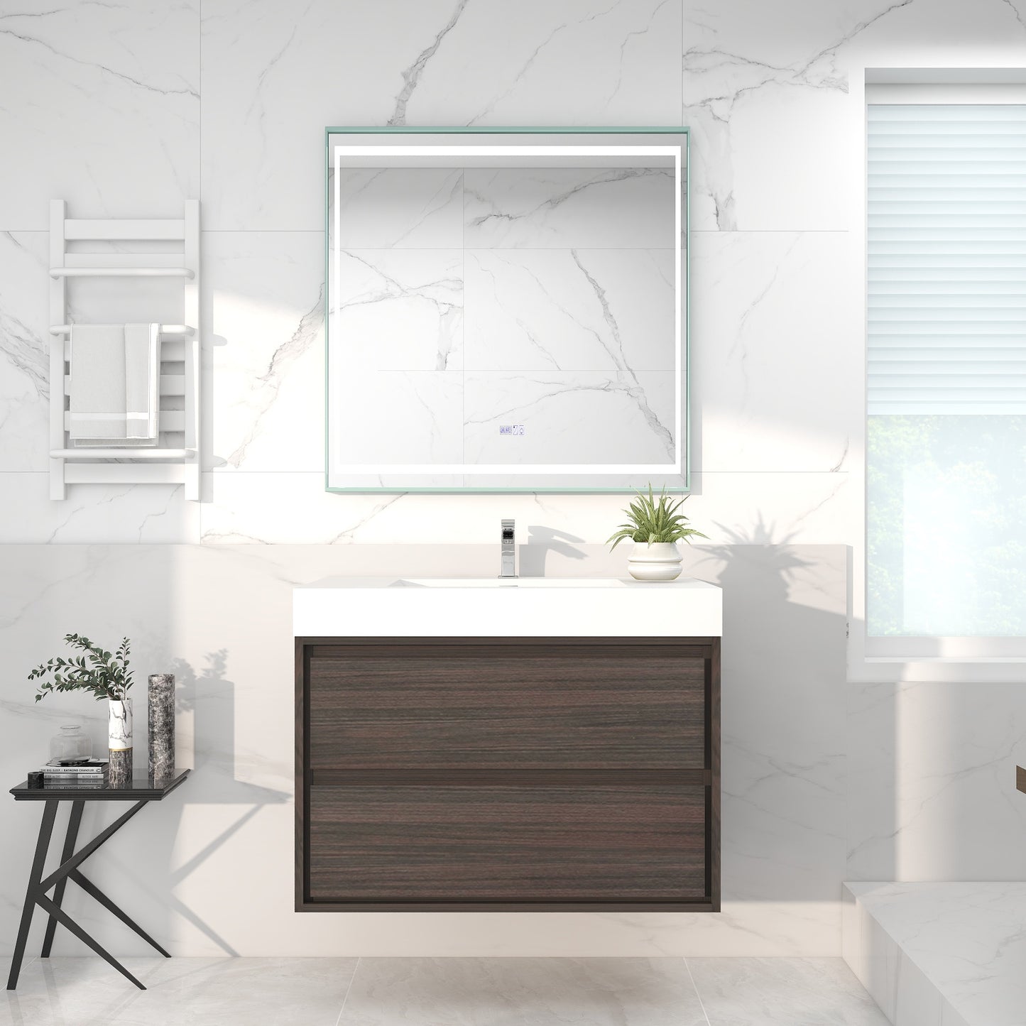 Saggia 36" Wall-Mounted Floating Bathroom Vanity with Reinforced Acrylic Sink in Dark Gray Oak | Better Vanity Modern Luxury Bathroom Vanities