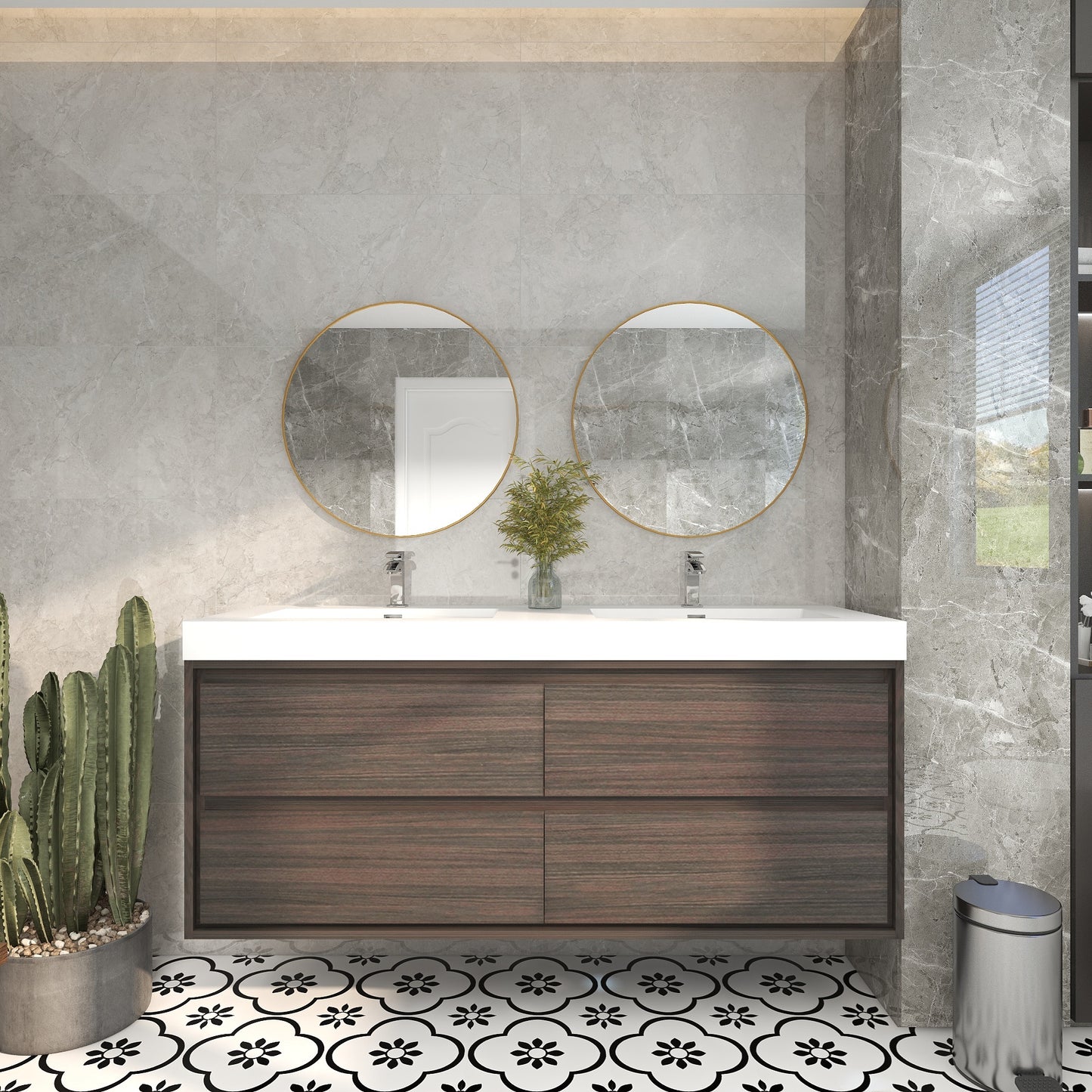 Saggia 60" Wall-Mounted Floating Bathroom Vanity with Reinforced Acrylic Double Sink in Dark Gray Oak | Better Vanity Modern Luxury Bathroom Vanities