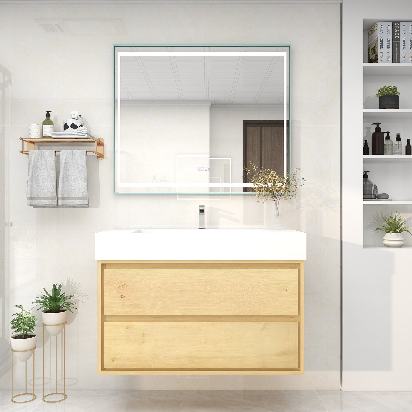 Saggia 42" Wall-Mounted Floating Bathroom Vanity with Reinforced Acrylic Sink in Light Oak | Better Vanity Modern Luxury Bathroom Vanities