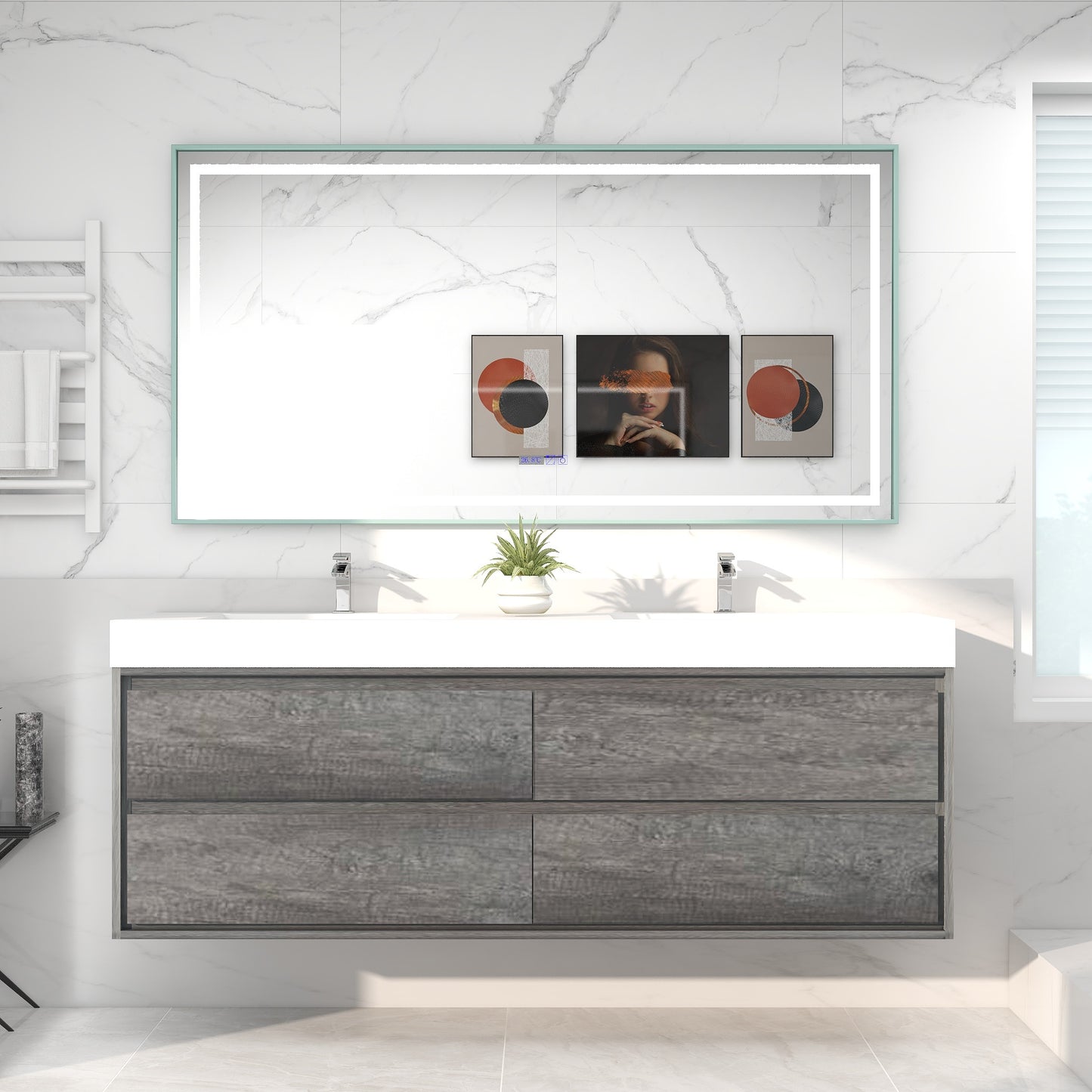 Saggia 72" Wall-Mounted Floating Bathroom Vanity with Reinforced Acrylic Double Sink in Smoke Oak | Better Vanity Modern Luxury Bathroom Vanities