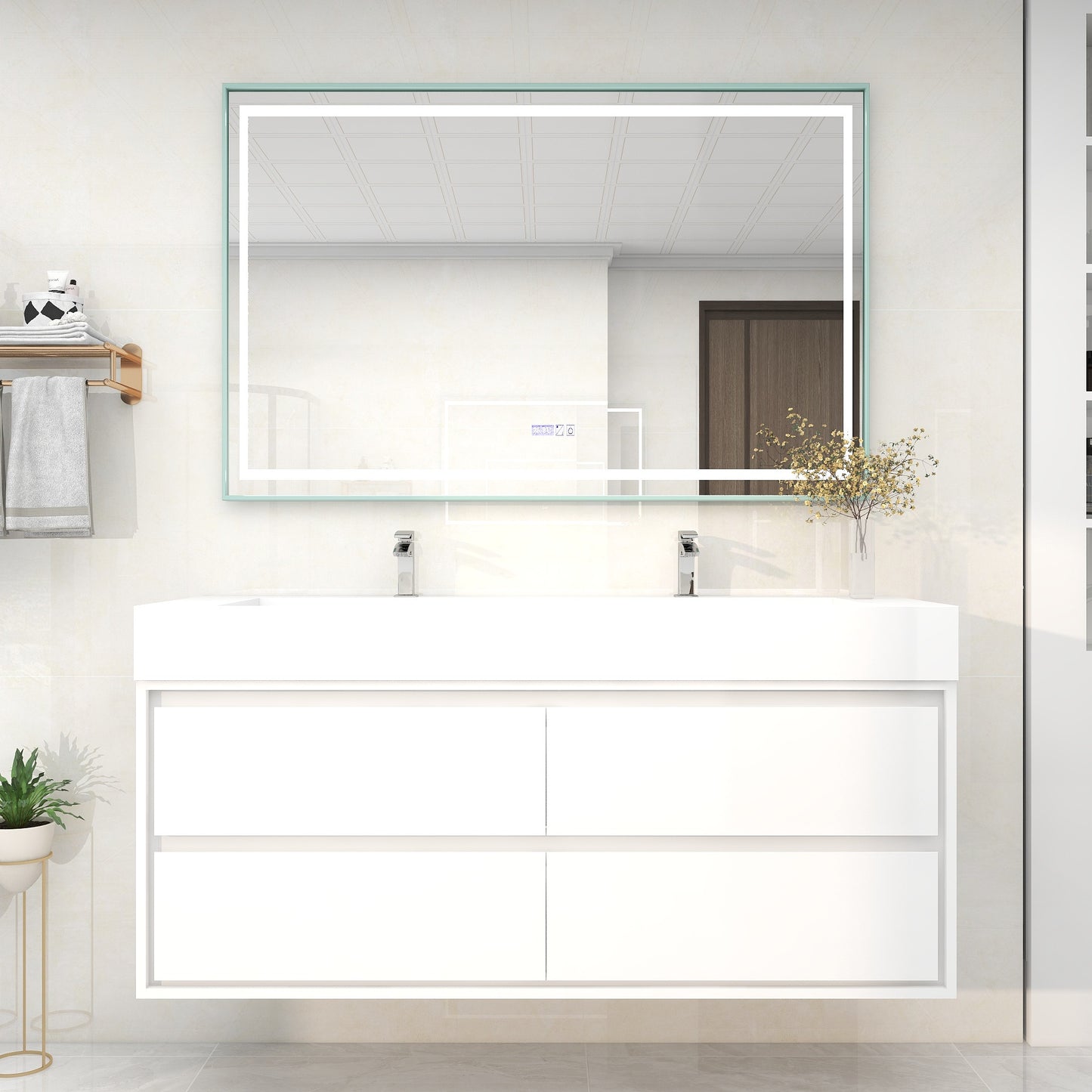 Saggia 60" Wall-Mounted Floating Bathroom Vanity with Reinforced Acrylic Double Sink in Gloss White | Better Vanity Modern Luxury Bathroom Vanities