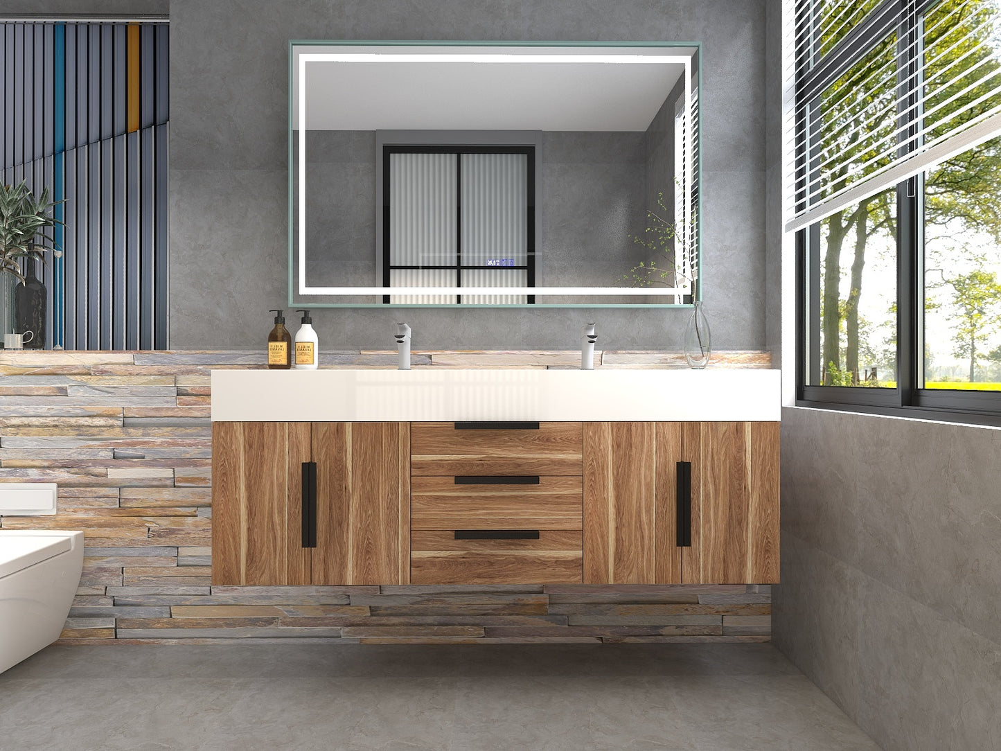 Bethany 60" Floating Bathroom Vanity with Double Reinforced Acrylic Sink in White Oak with Black Handles | Better Vanity Bath Vanities