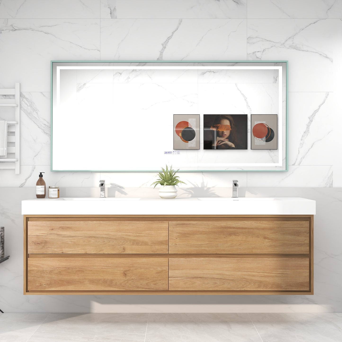Saggia 84" Wall-Mounted Floating Bathroom Vanity with Reinforced Acrylic Double Sink in White Oak | Better Vanity Modern Luxury Bathroom Vanities