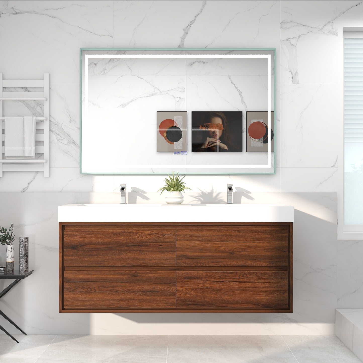 Saggia 60" Wall-Mounted Floating Bathroom Vanity with Reinforced Acrylic Double Sink in Rosewood | Better Vanity Modern Luxury Bathroom Vanities
