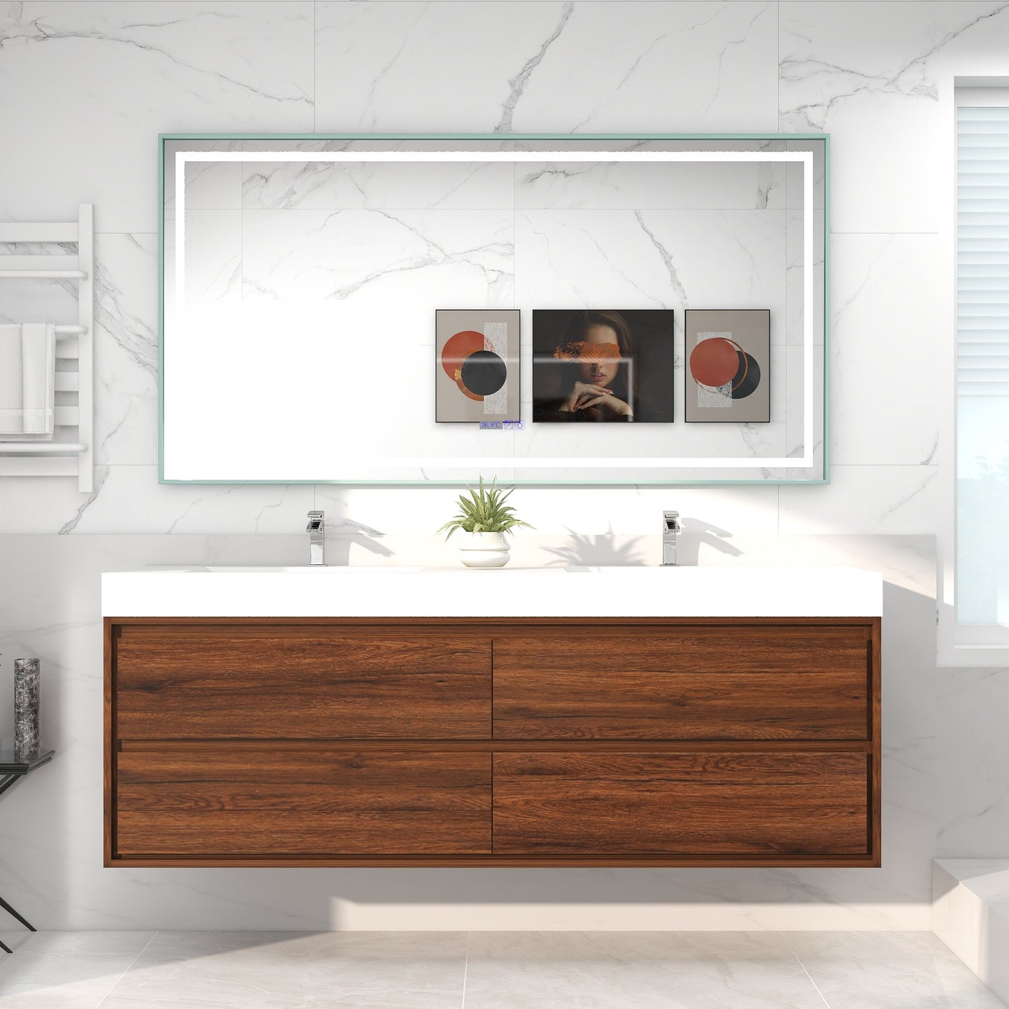 Saggia 72" Wall-Mounted Floating Bathroom Vanity with Reinforced Acrylic Double Sink in Rosewood | Better Vanity Modern Luxury Bathroom Vanities
