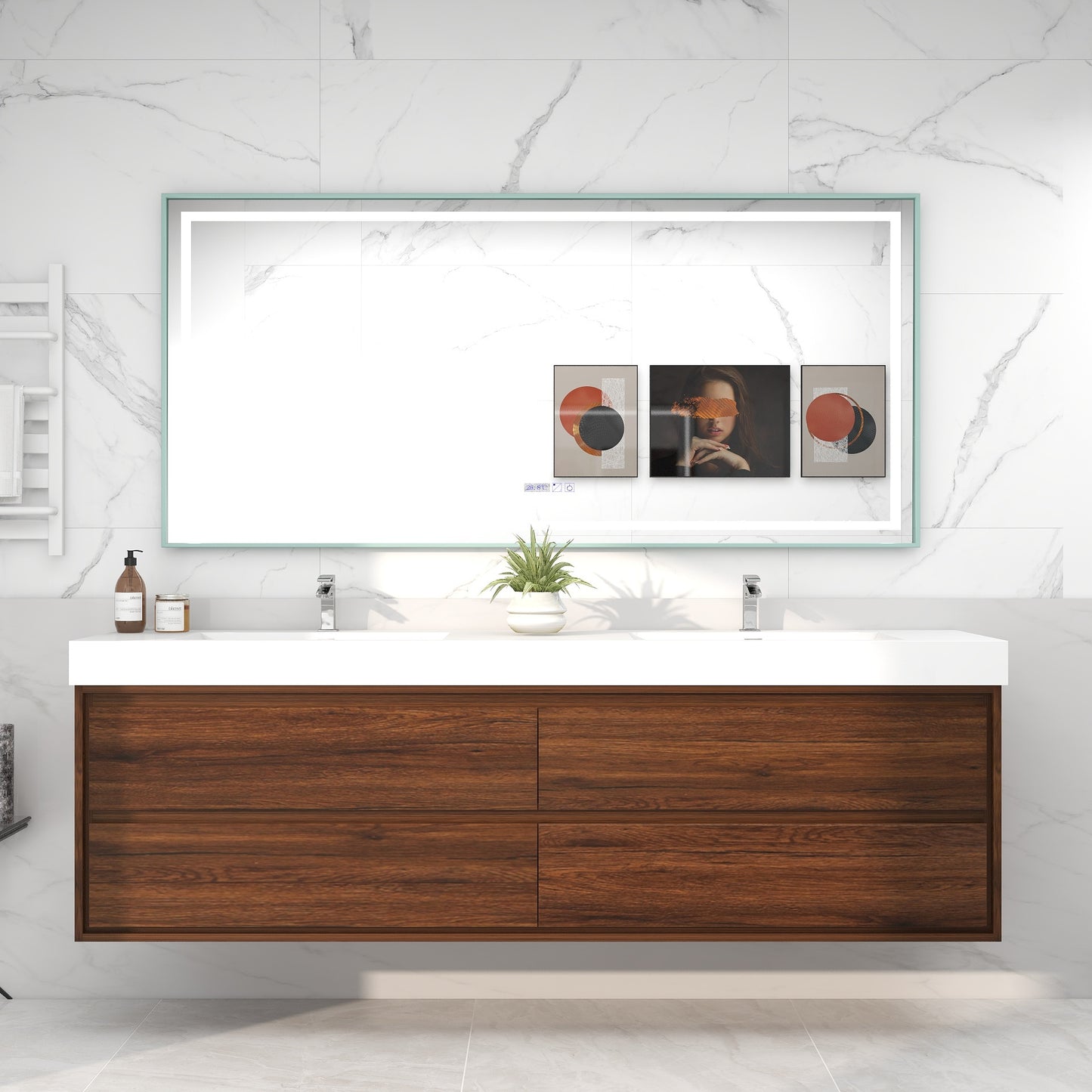 Saggia 84" Wall-Mounted Floating Bathroom Vanity with Reinforced Acrylic Double Sink in Rosewood | Better Vanity Modern Luxury Bathroom Vanities