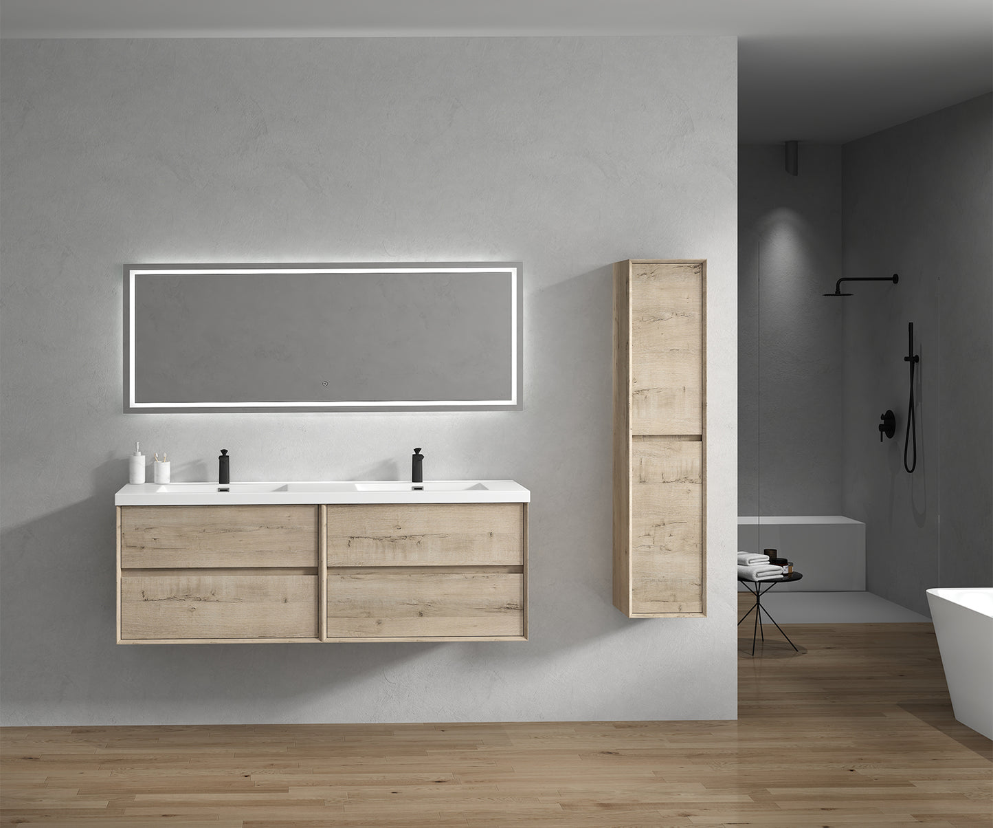 Kingdee 72" Light  Oak Wall Mounted Vanity with Reinforced Acrylic Sinks