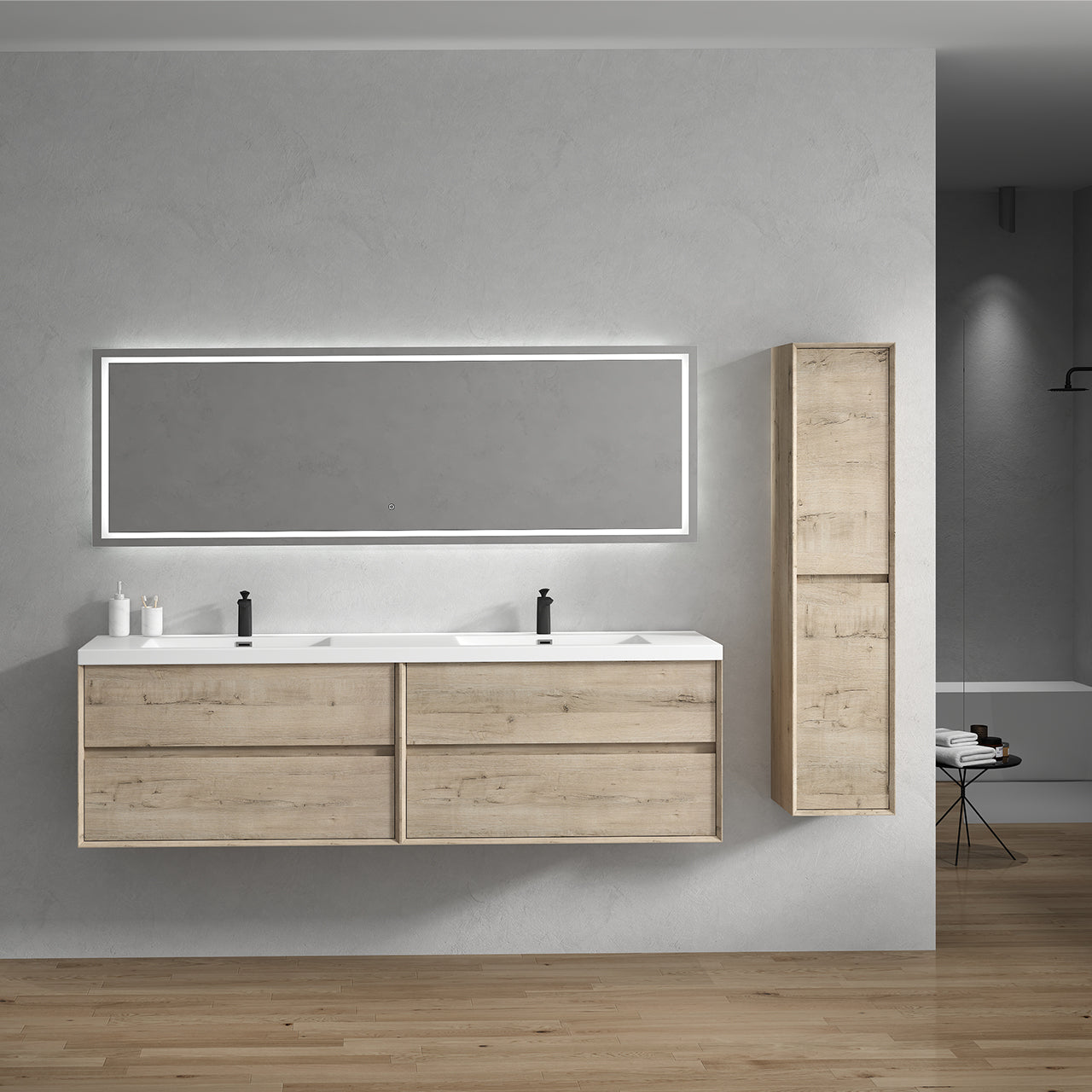 Kingdee 84" Light Oak Wall Mounted Vanity with Reinforced Acrylic Sinks