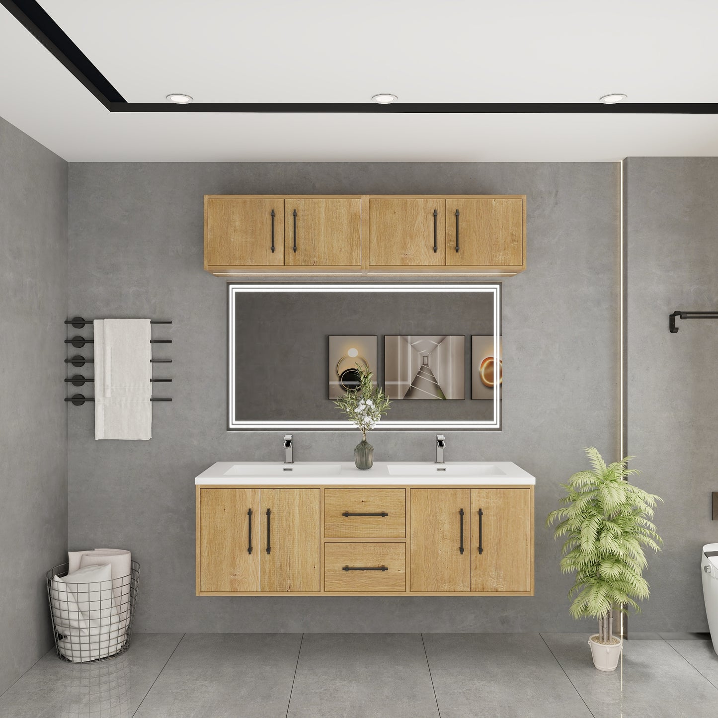 Victoria 60" Solid Wood Floating Bathroom Vanity in Oak, Double Sink Vanity | Better Vanity Solid Wood Floating Vanities