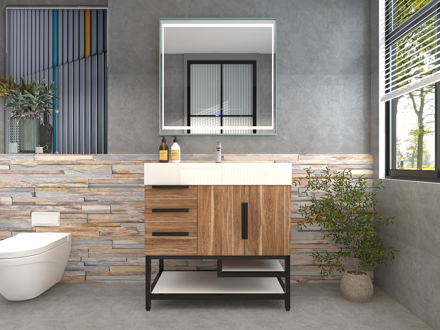 Bethany 36" Freestanding Bathroom Vanity with Reinforced Acrylic Sink in White Oak with Black Handles | Better Vanity Bath Vanities