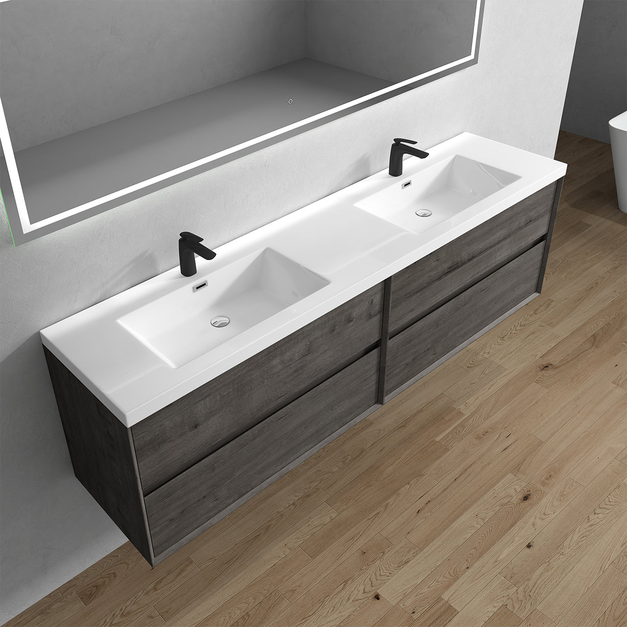 Kingdee 84" Smoke Oak Wall Mounted Vanity with Reinforced Acrylic Sinks