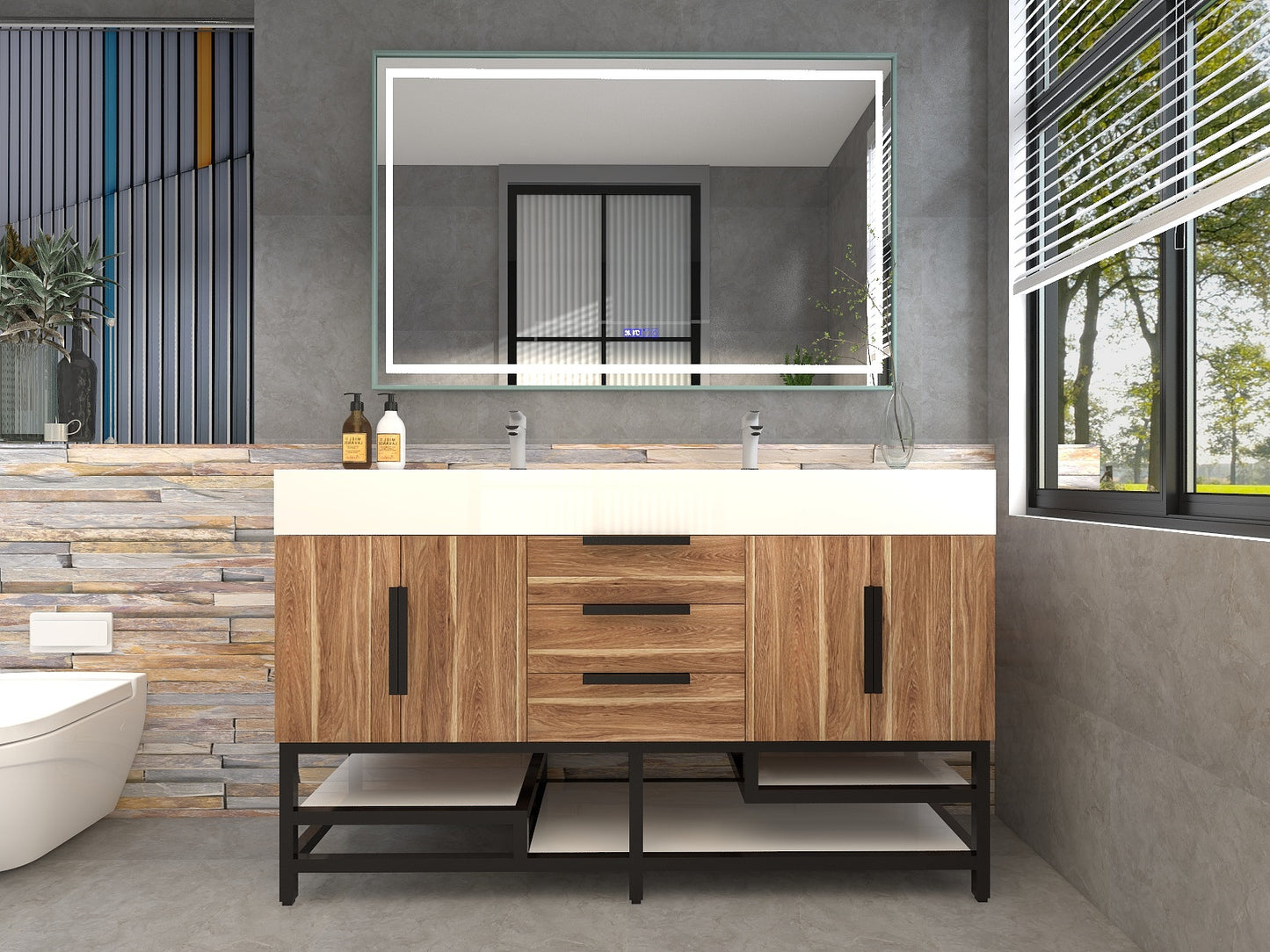 Bethany 60" Freestanding Bathroom Vanity with Reinforced Acrylic Double Sink in White Oak with Black Handles | Better Vanity Bath Vanities